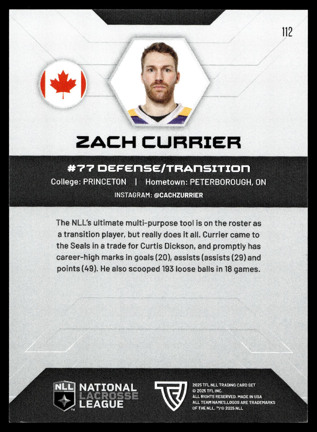 Zach Currier 2025 TFL Sports NLL San Diego Seals Color Match #112