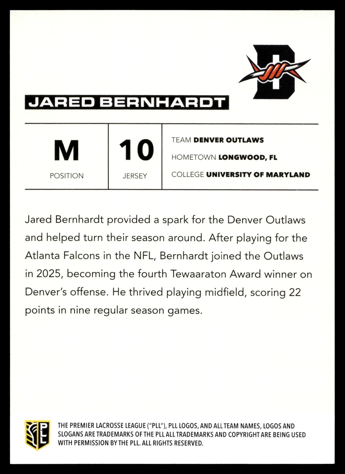 Jared Bernhardt 2025 PLL Flagship Denver Outlaws Blue Parallel 04/99 #68