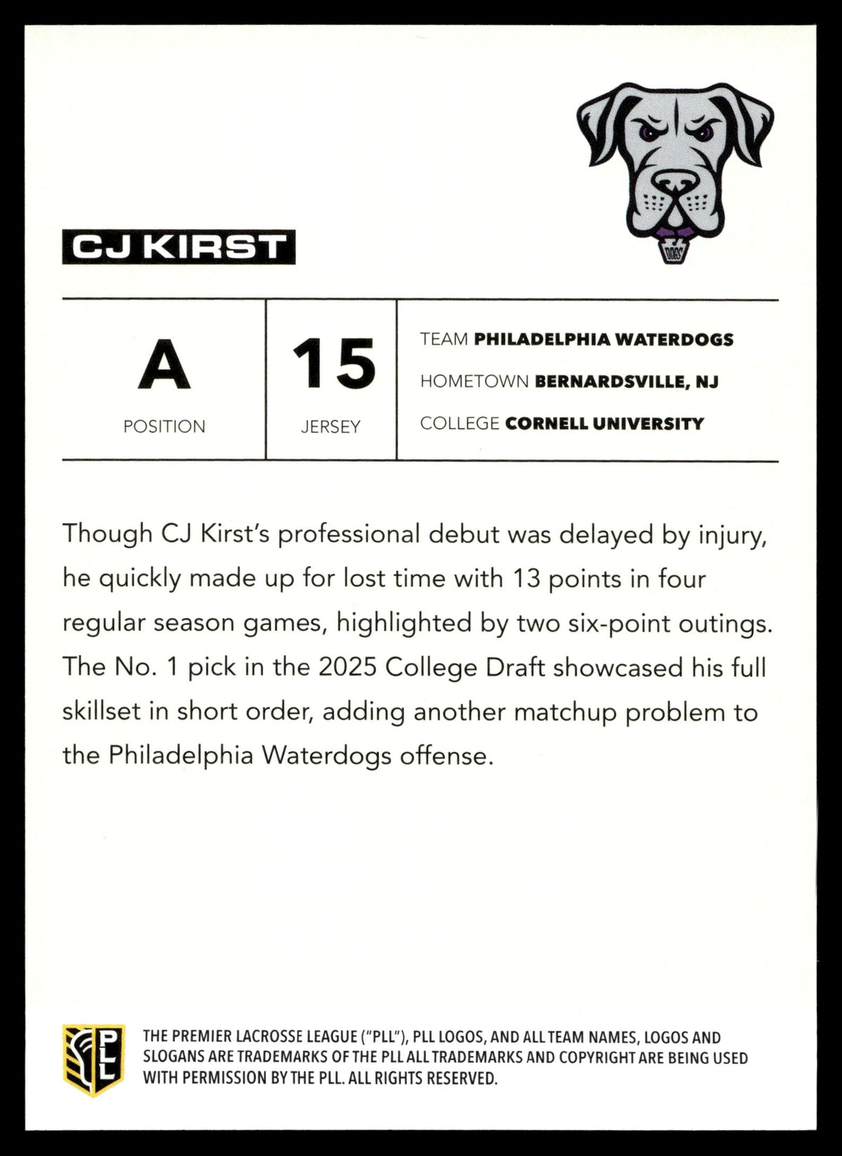CJ Kirst 2025 PLL Flagship Philadelphia Waterdogs Blue Parallel 57/99 #148