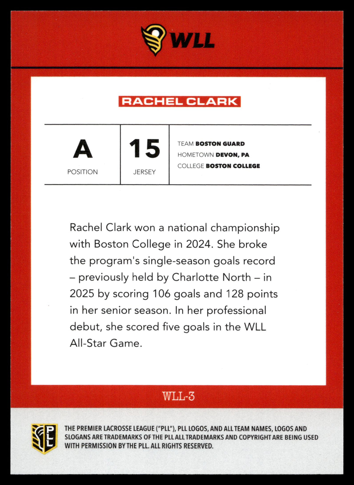 Rachel Clark 2026 PLL Fieldside II Boston Guard WLL Debut #WLL-3