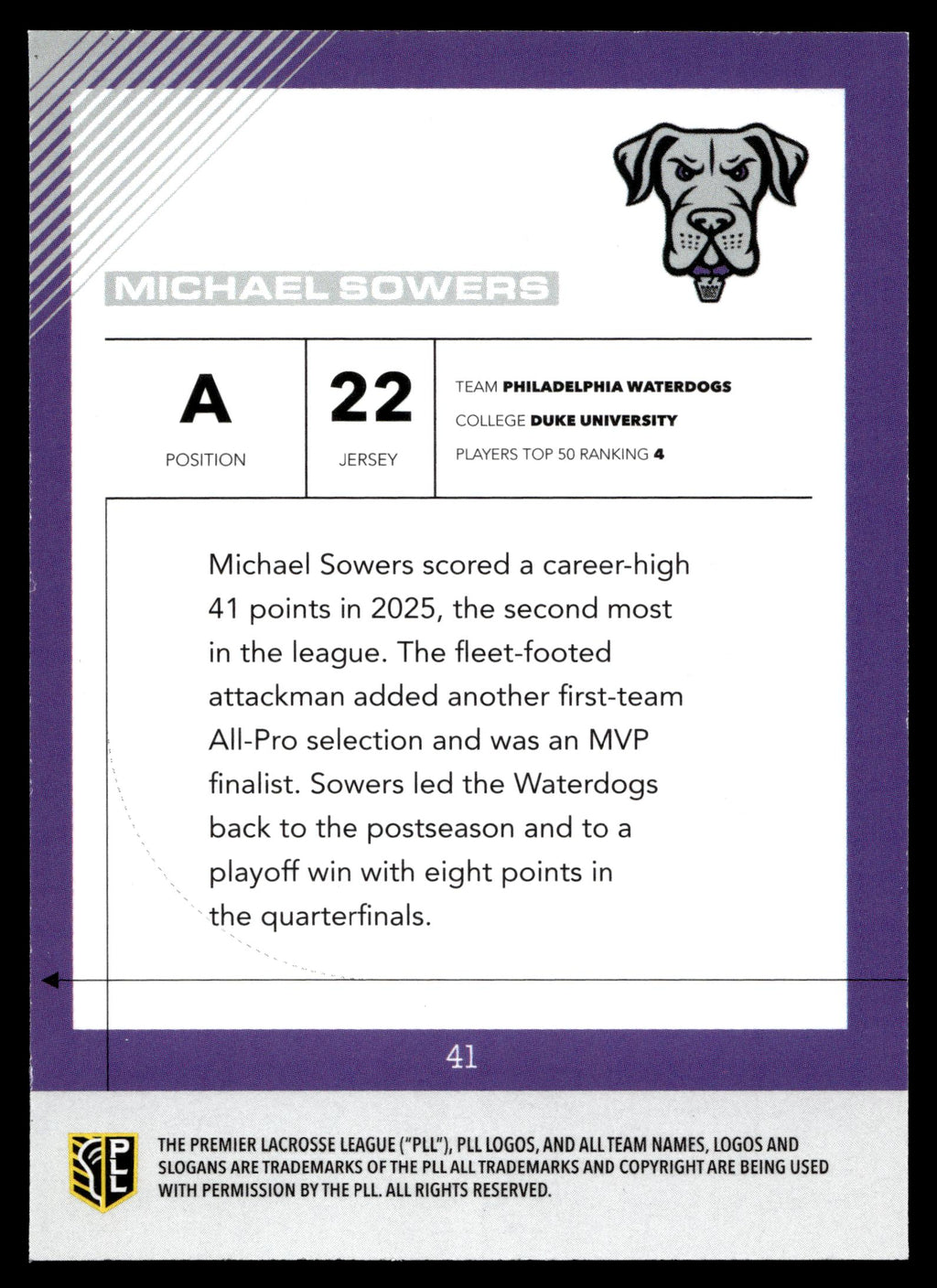 Michael Sowers 2026 PLL Fieldside II Philadelphia Waterdogs Matte Finish #41