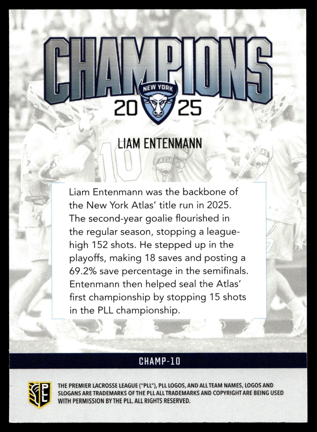 Liam Entenmann 2026 PLL Fieldside II New York Atlas Champions #CHAMP-10