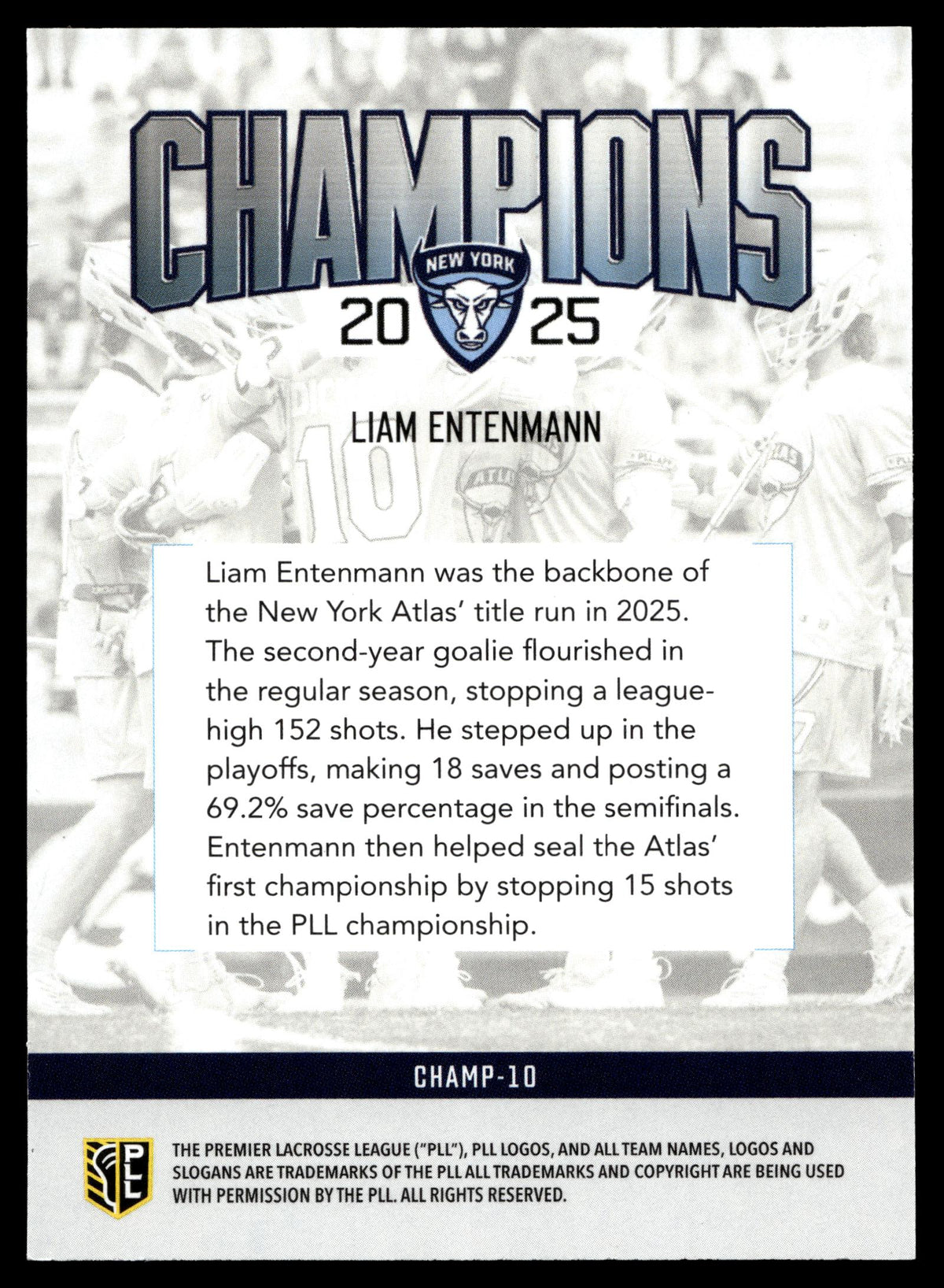 Liam Entenmann 2026 PLL Fieldside II New York Atlas Champions #CHAMP-10