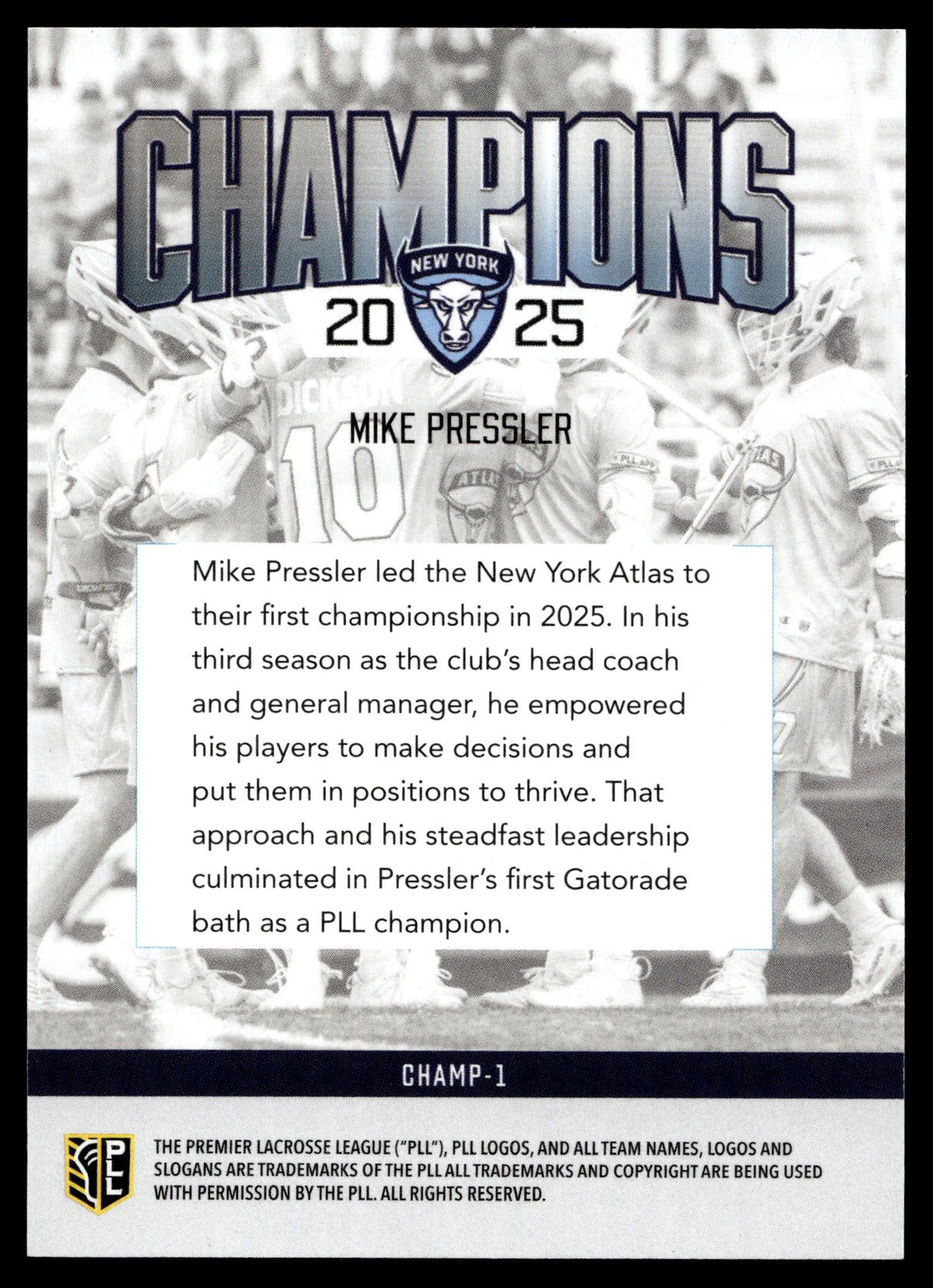 Mike Pressler 2026 PLL Fieldside II New York Atlas Champions 91/99 #CHAMP-1