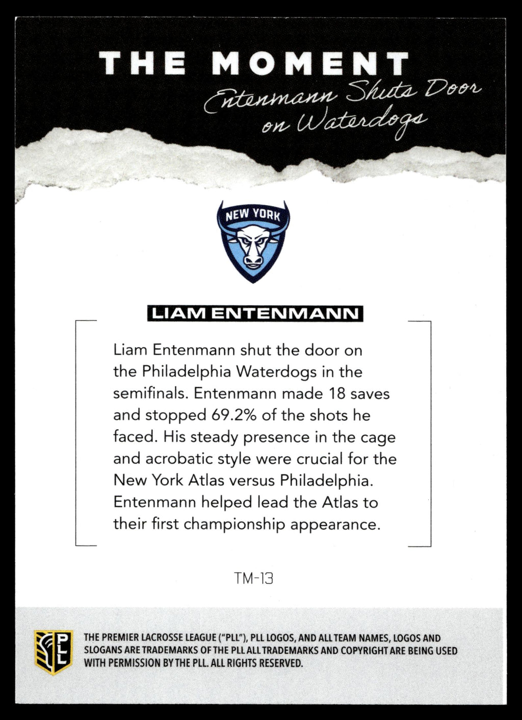 Liam Entenmann 2026 PLL Fieldside II New York Atlas The Moment 23/99 #TM-13