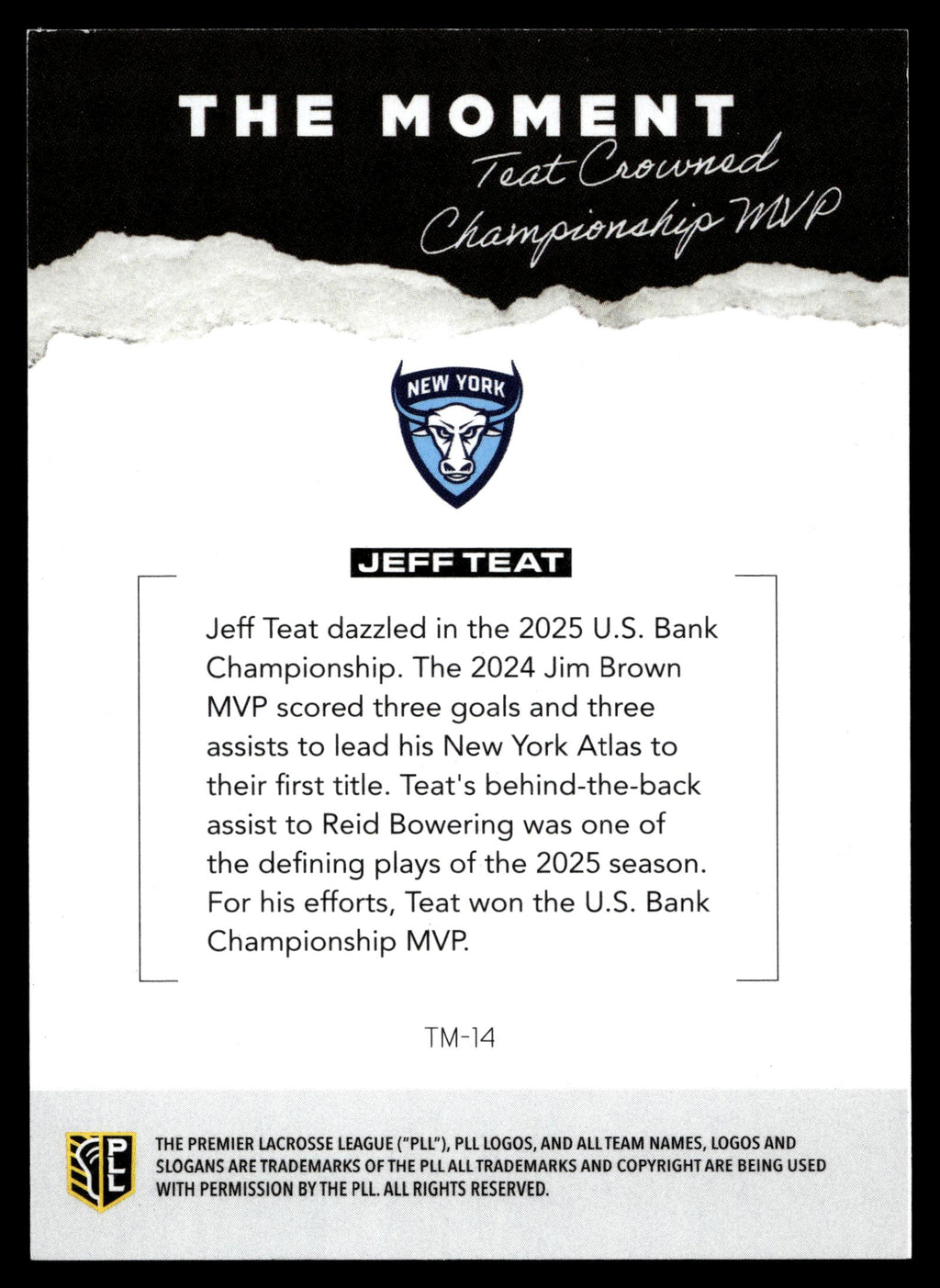 Jeff Teat 2026 PLL Fieldside II New York Atlas The Moment 09/99 #TM-14
