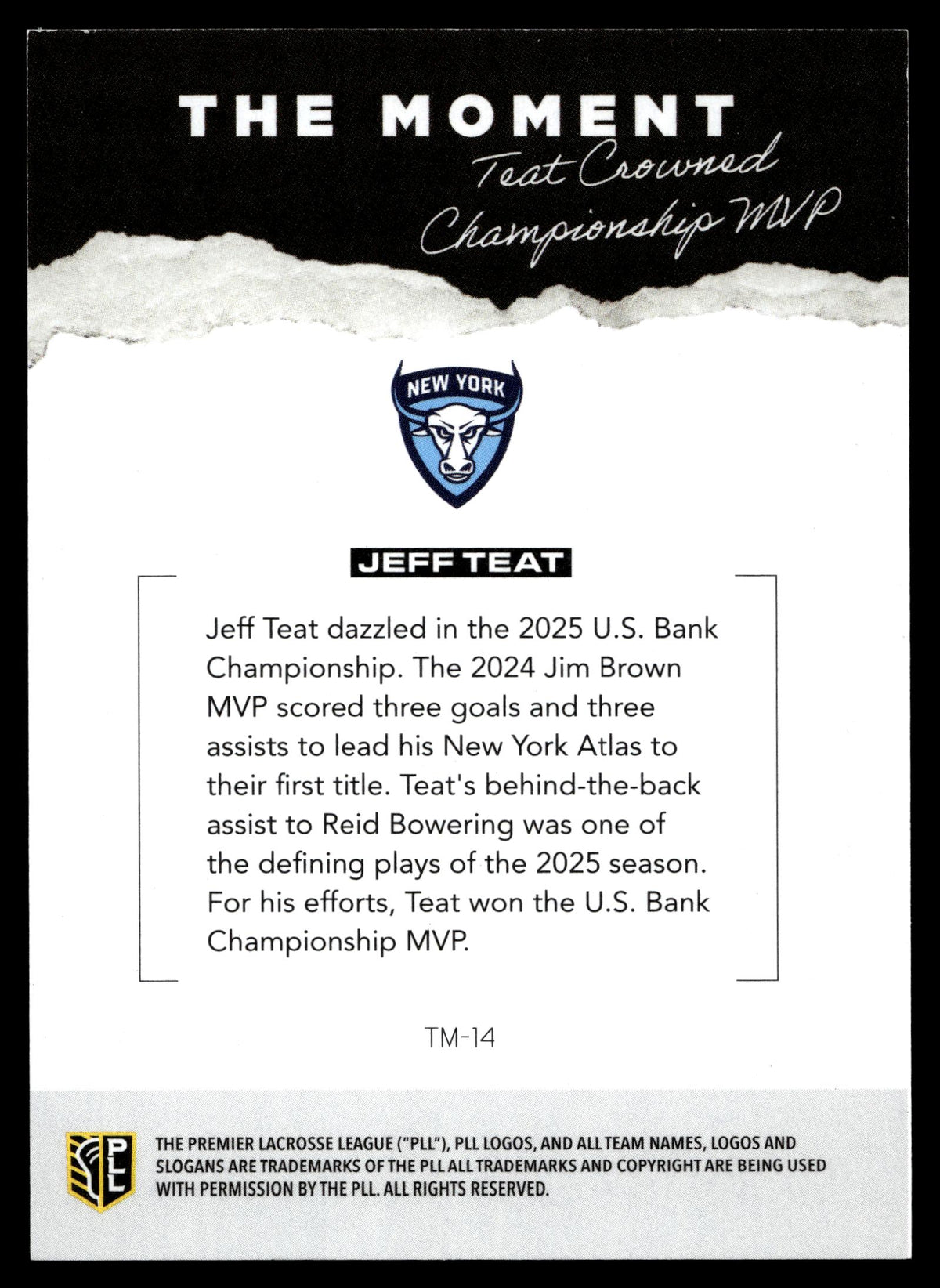 Jeff Teat 2026 PLL Fieldside II New York Atlas The Moment 09/99 #TM-14
