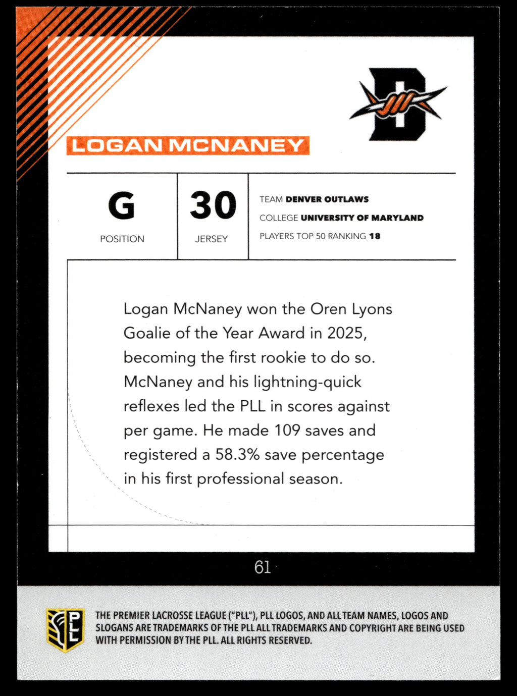 Logan McNaney 2026 PLL Fieldside II Denver Outlaws Base Auto #61