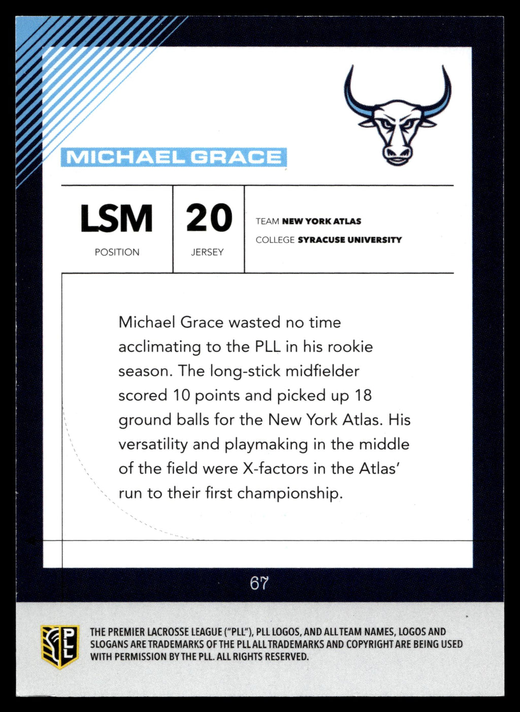 Michael Grace 2026 PLL Fieldside II New York Atlas Base Auto #67