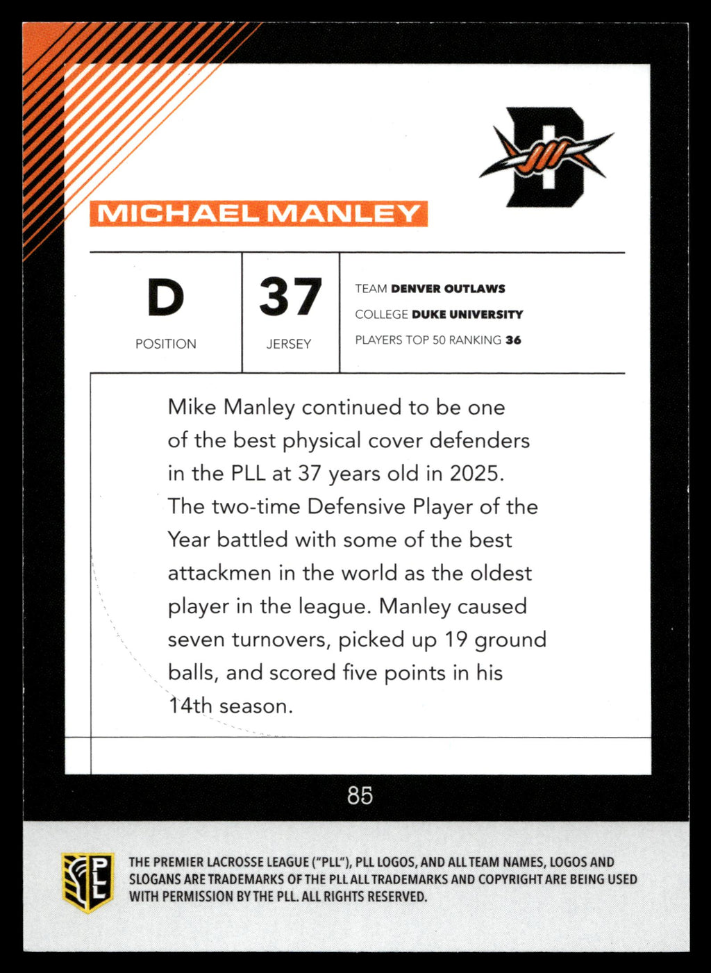 Michael Manley 2026 PLL Fieldside II Denver Outlaws Base Auto #85