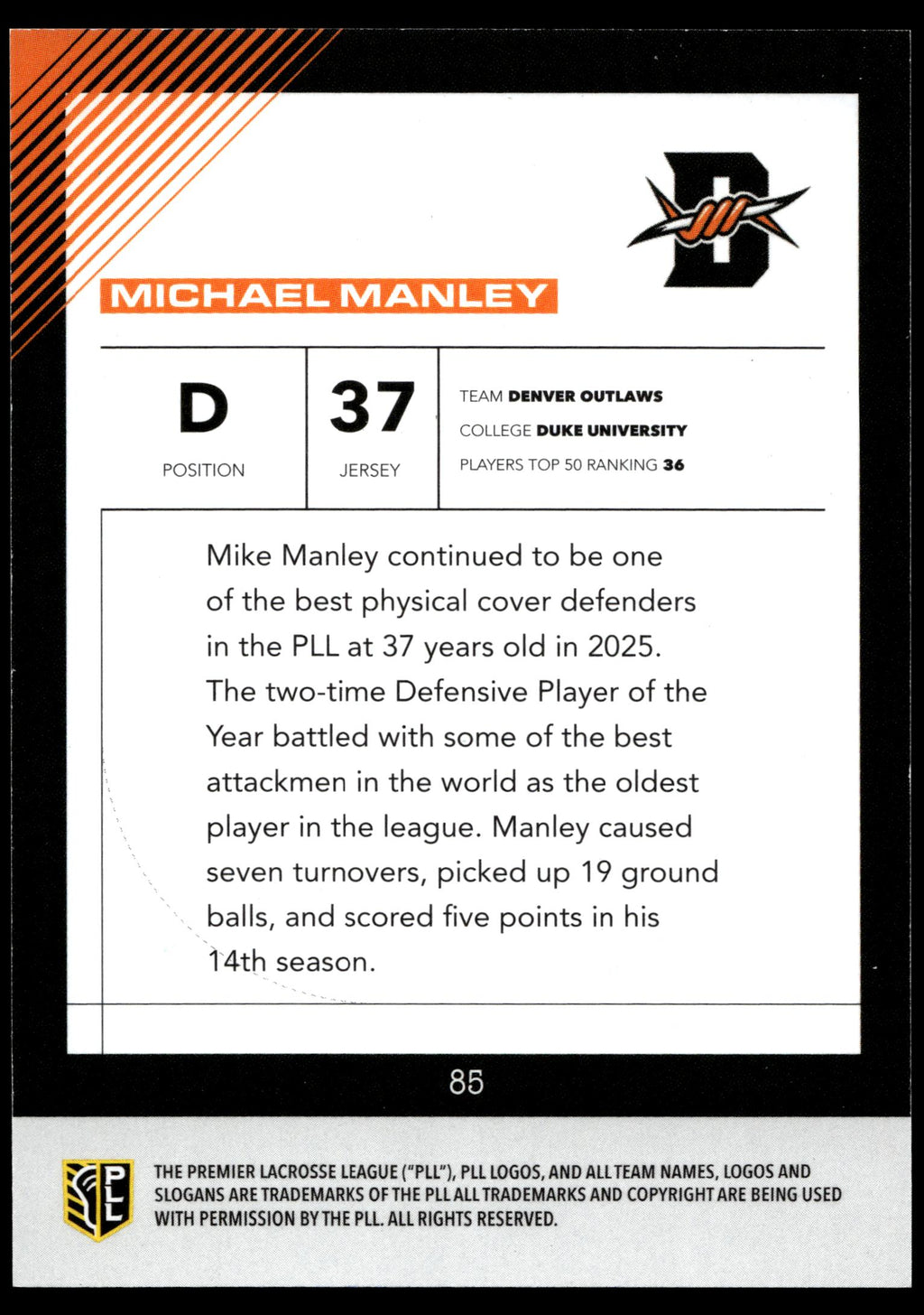 Michael Manley 2026 PLL Fieldside II Denver Outlaws Base Auto #85