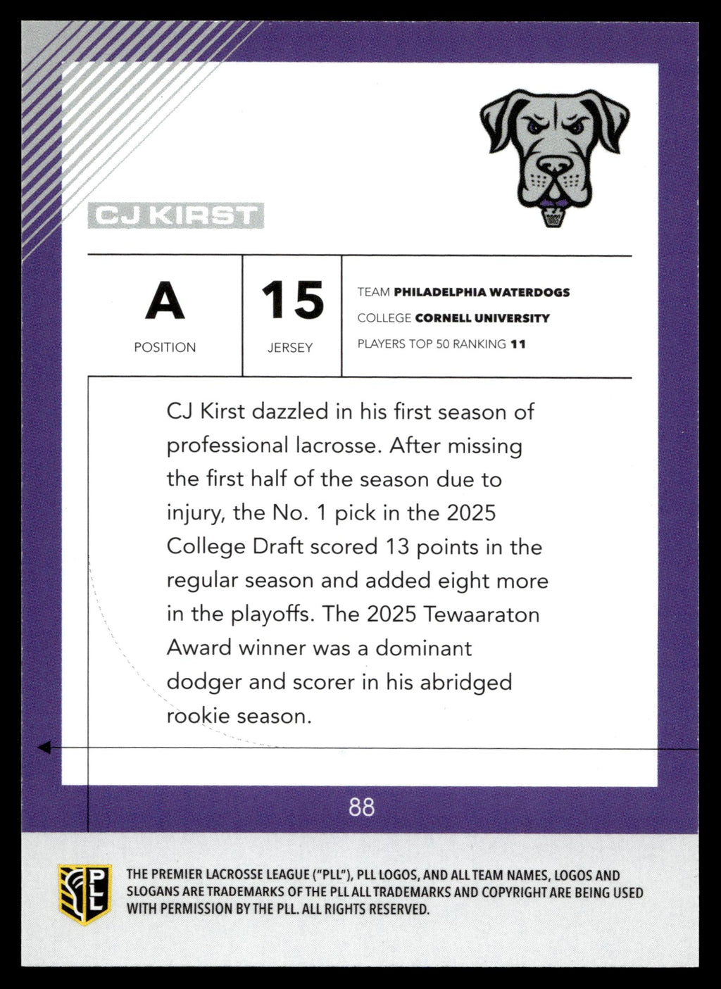 CJ Kirst 2026 PLL Fieldside II Philadelphia Waterdogs Base Auto #88