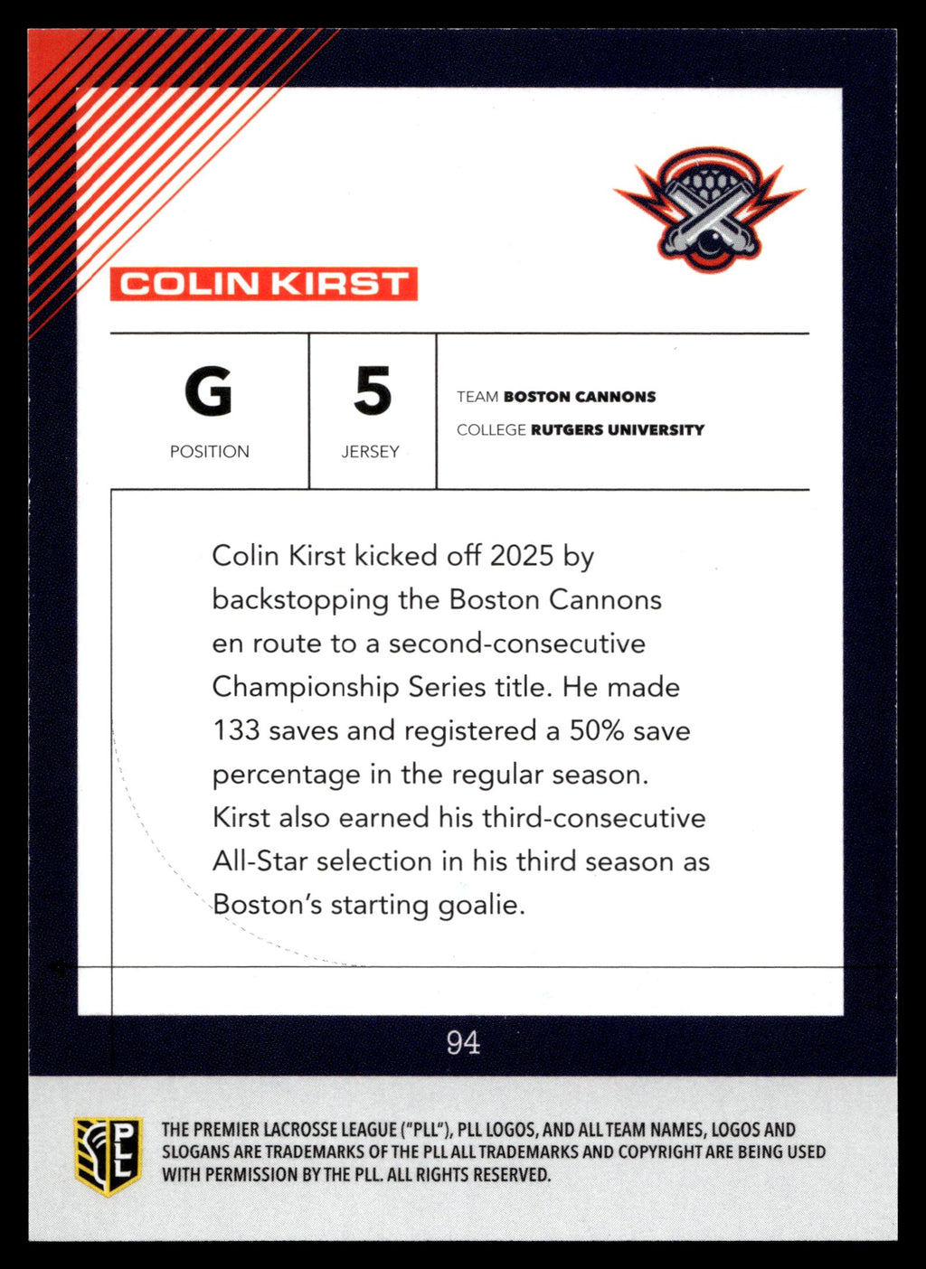 Colin Kirst 2026 PLL Fieldside II Boston Cannons Base Auto #94