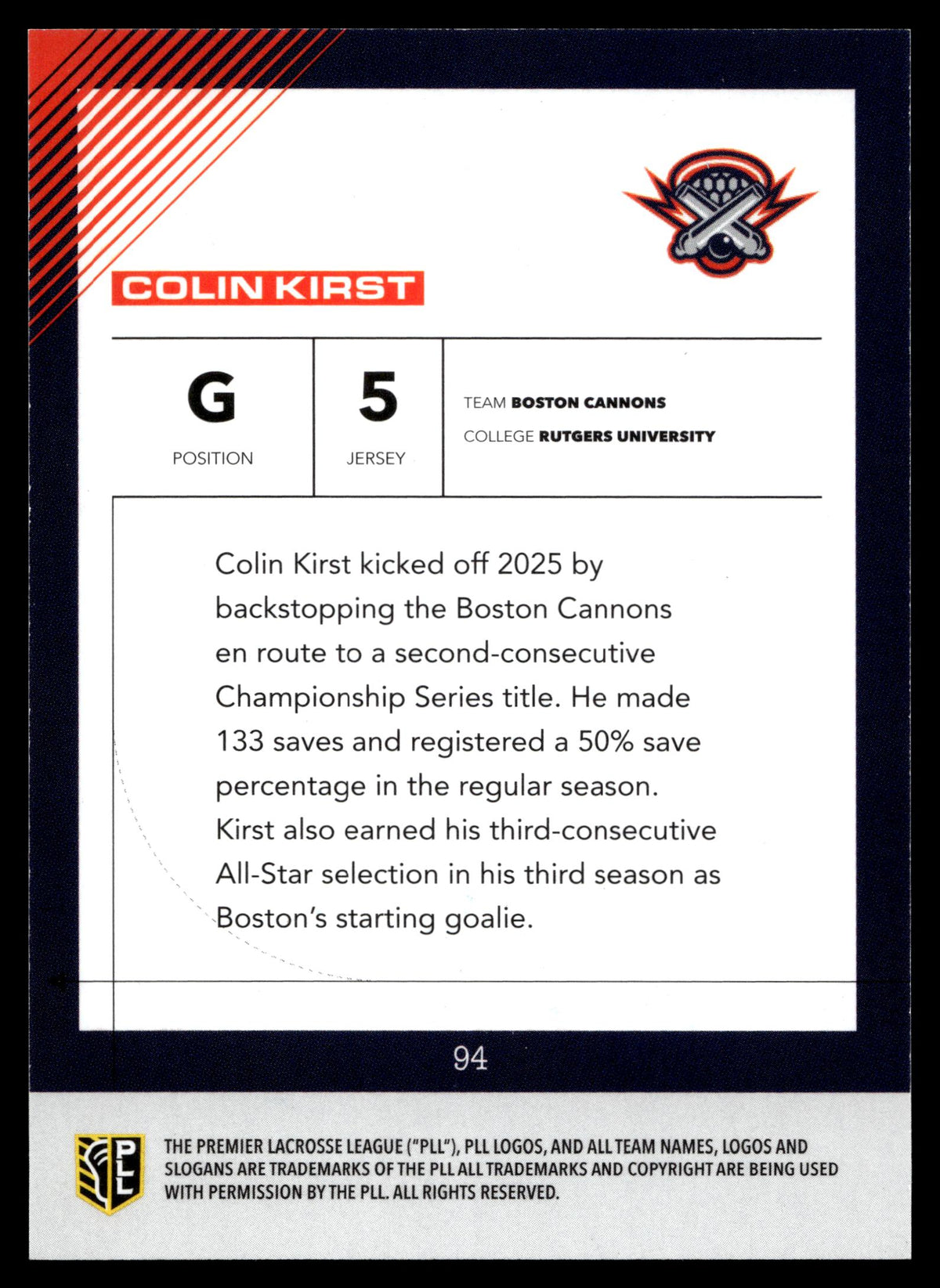 Colin Kirst 2026 PLL Fieldside II Boston Cannons Base Auto #94