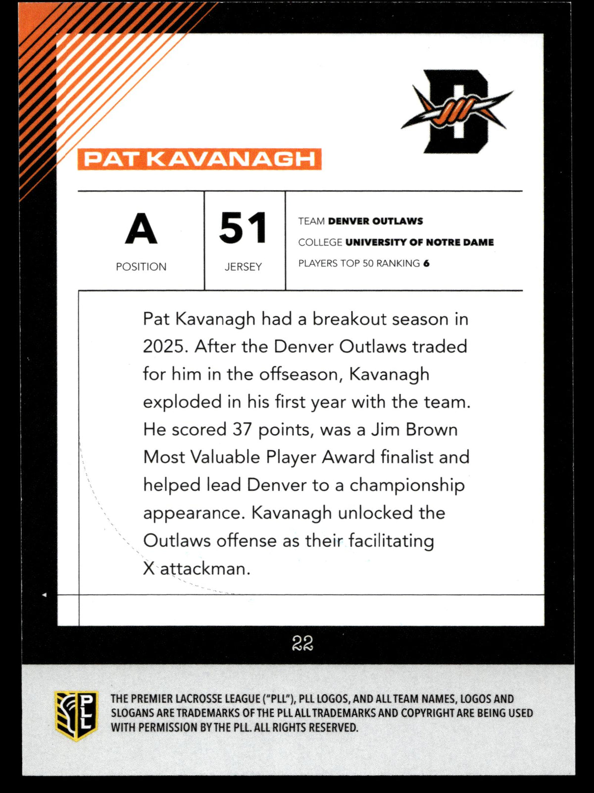 Pat Kavanagh 2026 PLL Fieldside II Denver Outlaws Black & White Auto 37/50 #22