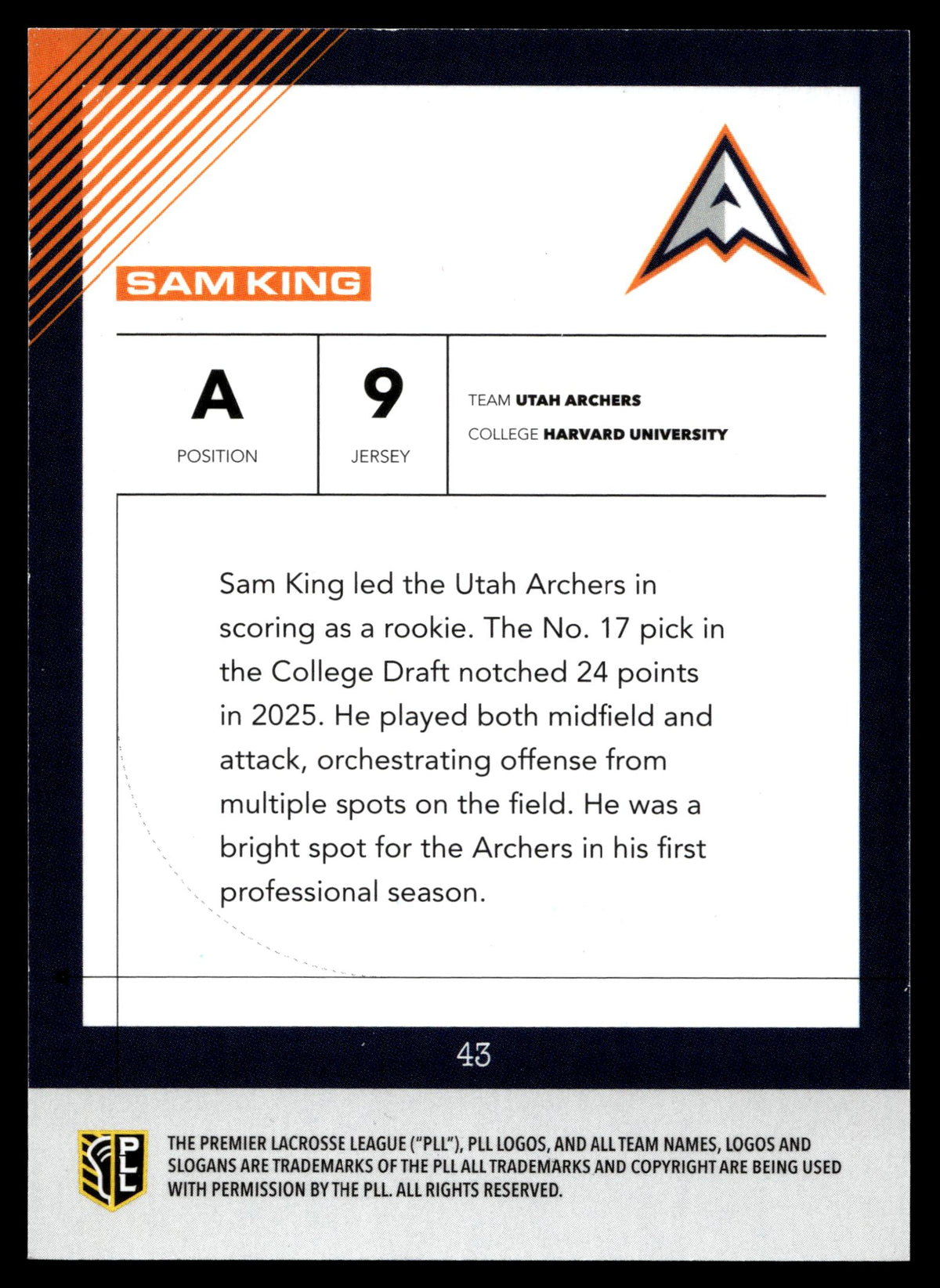 Sam King 2026 PLL Fieldside II Utah Archers Base Auto #43
