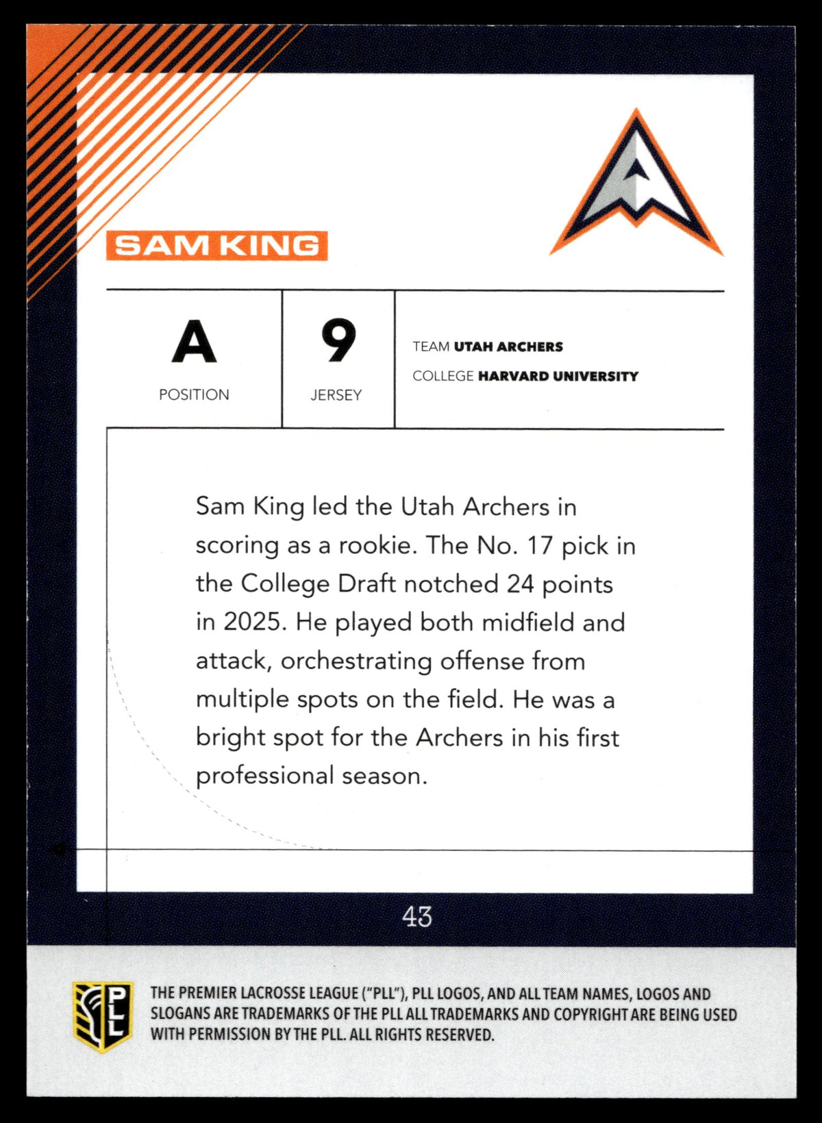 Sam King 2026 PLL Fieldside II Utah Archers Base Auto #43