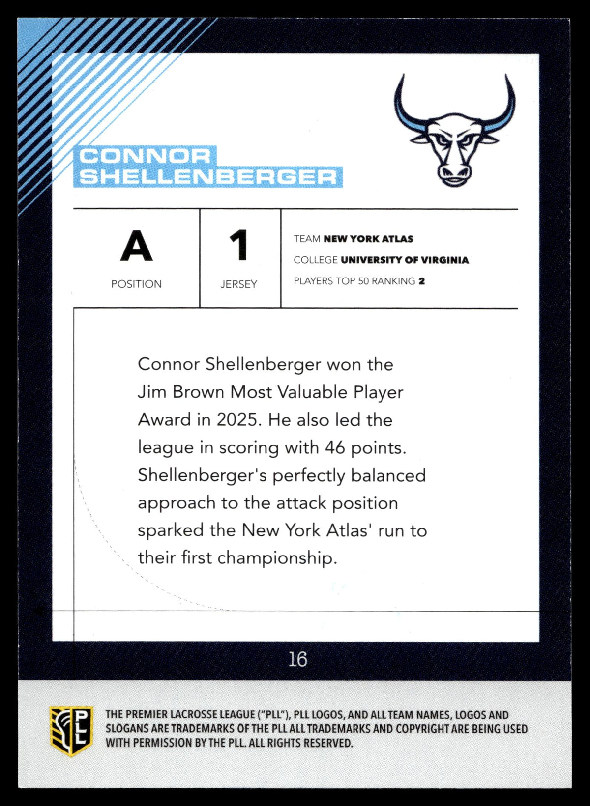 Connor Shellenberger 2026 PLL Fieldside II New York Atlas Black Auto 13/25 #16