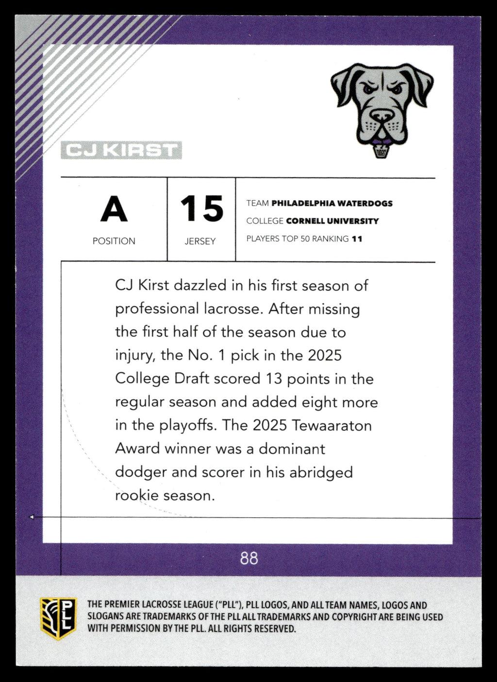 CJ Kirst 2026 PLL Fieldside II Philadelphia Waterdogs B & W Auto 39/50 #88