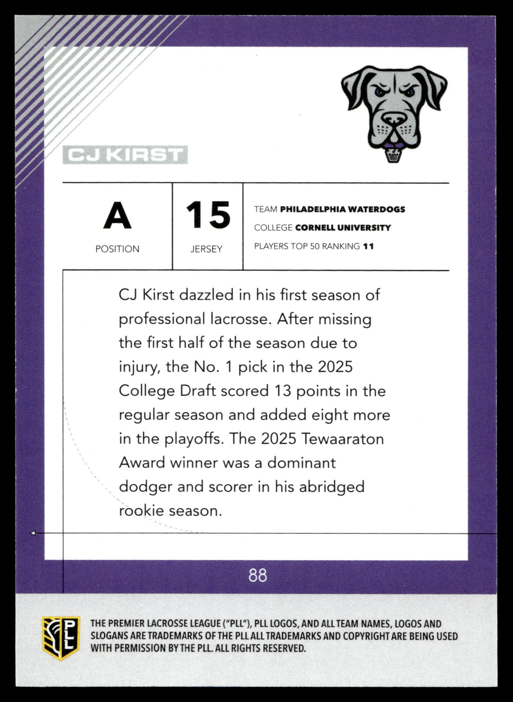 CJ Kirst 2026 PLL Fieldside II Philadelphia Waterdogs B & W Auto 32/50 #88