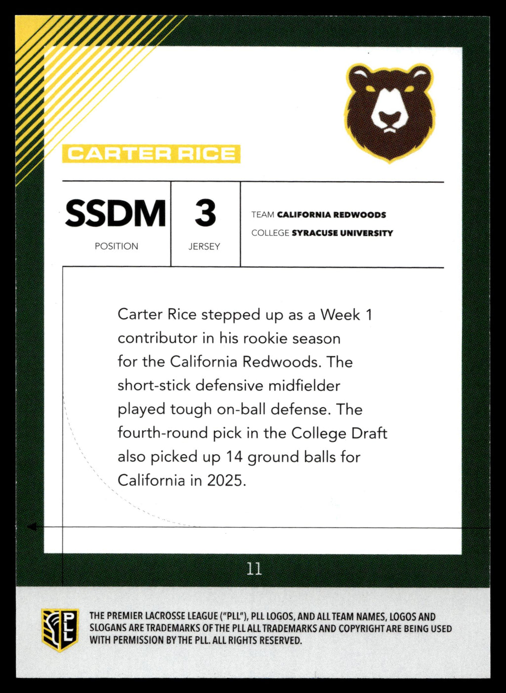 Carter Rice 2026 PLL Fieldside II California Redwoods Base Auto #11