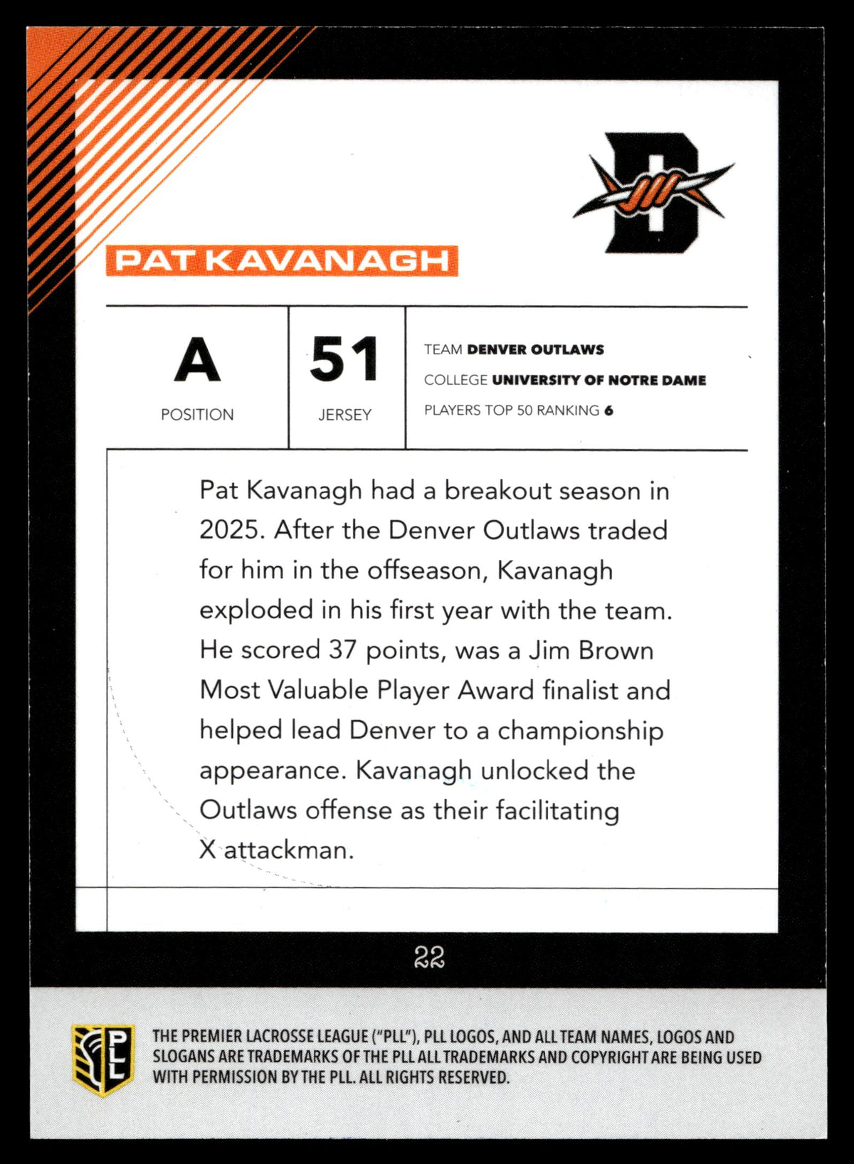 Pat Kavanagh 2026 PLL Fieldside II Denver Outlaws Base Auto #22