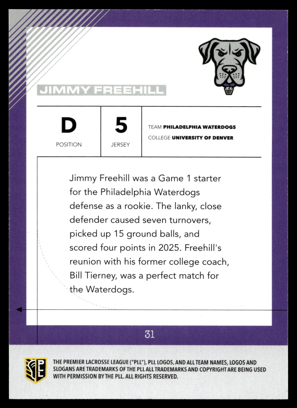 Jimmy Freehill 2026 PLL Fieldside II Philadelphia Waterdogs Base Auto #31
