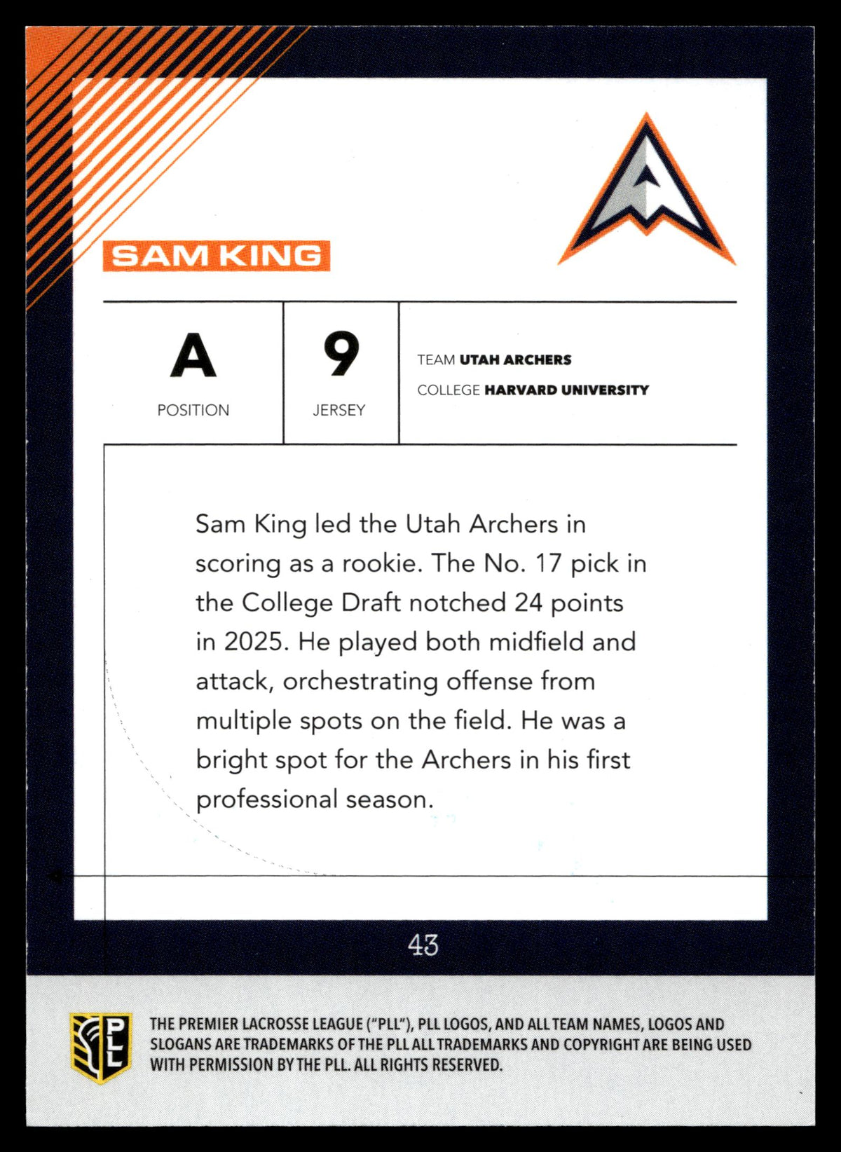 Sam King 2026 PLL Fieldside II Utah Archers Base Auto #43