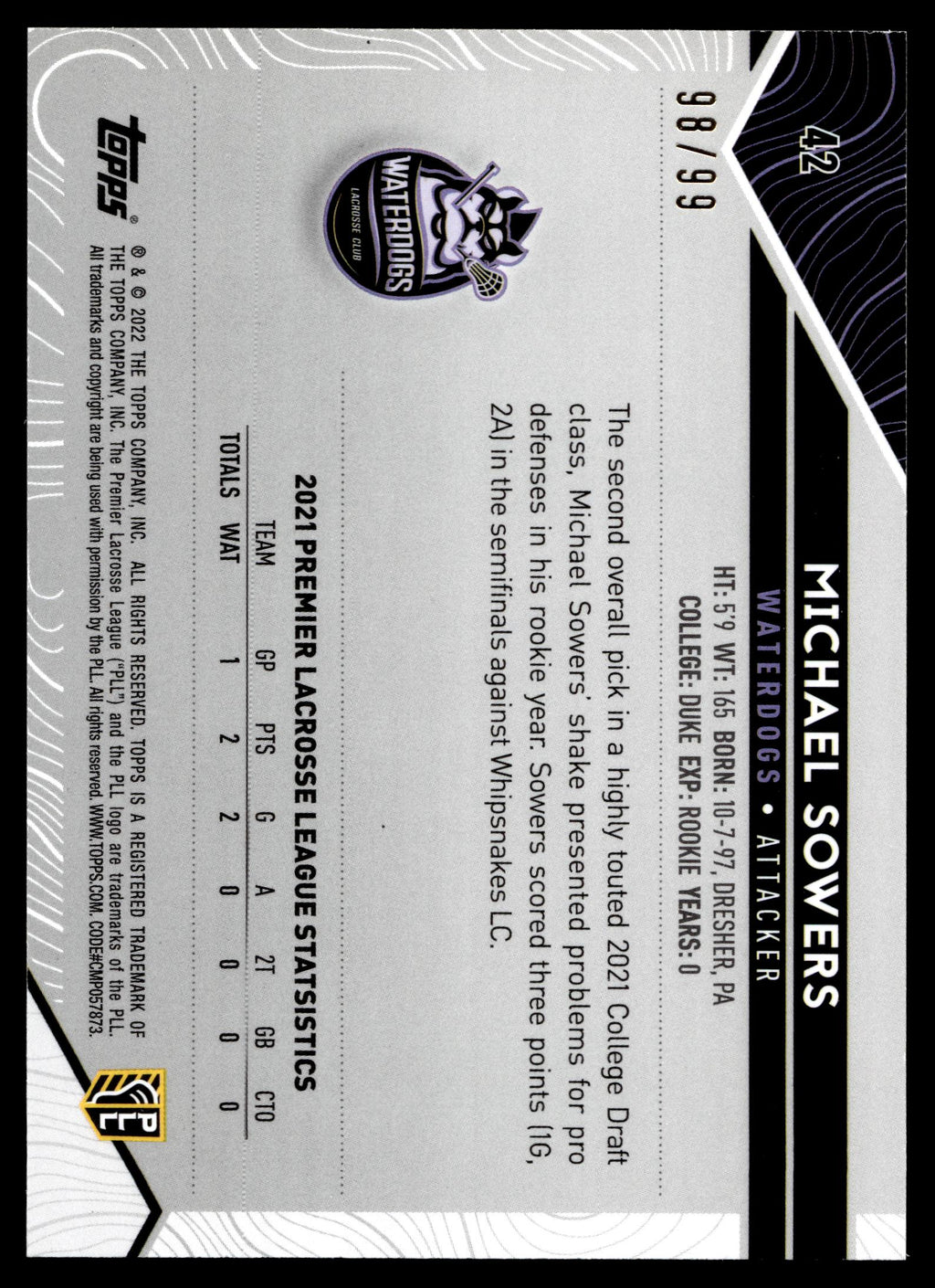 Michael Sowers 2022 Topps PLL Waterdogs Blue 98/99 #42