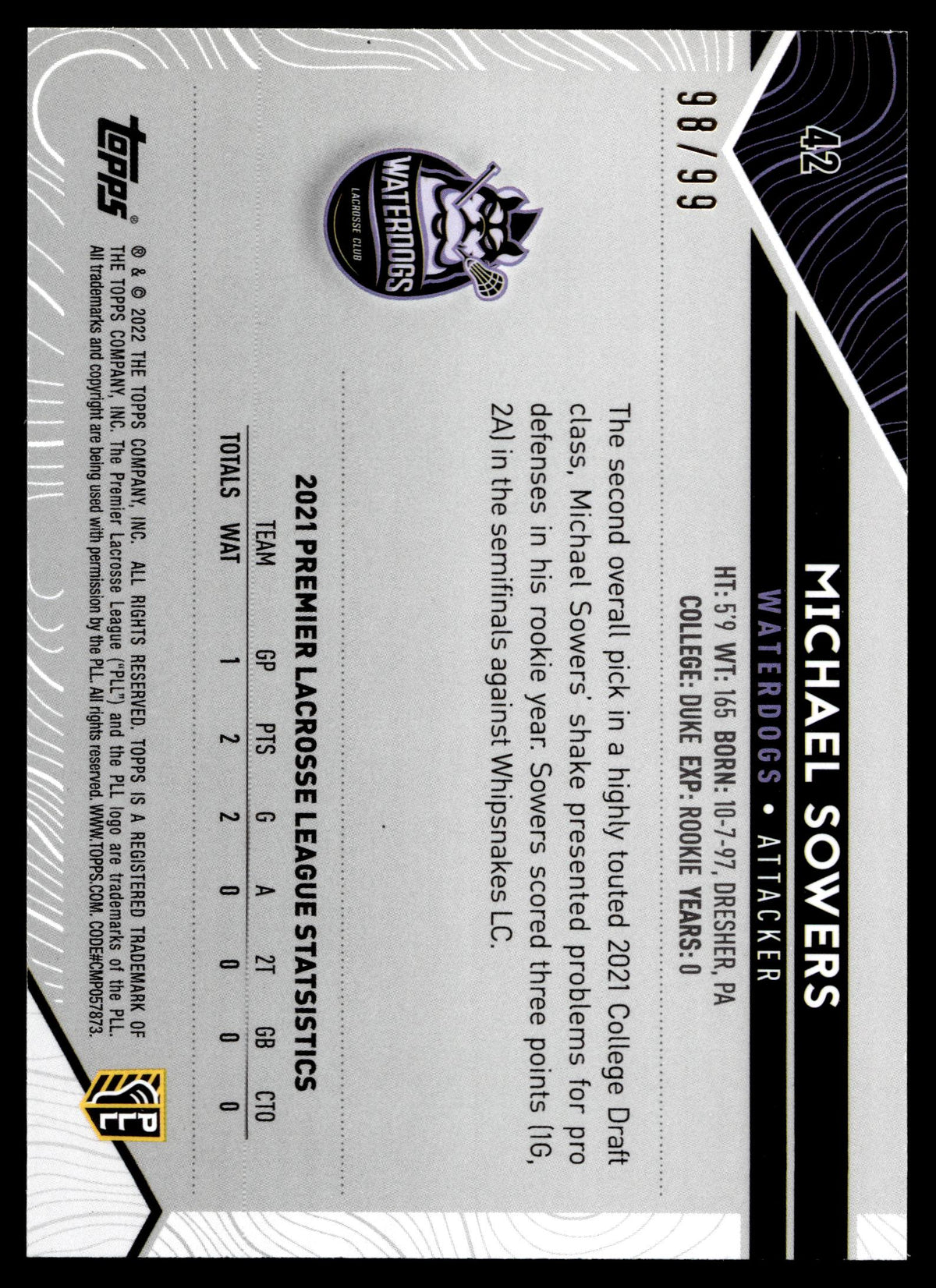 Michael Sowers 2022 Topps PLL Waterdogs Blue 98/99 #42