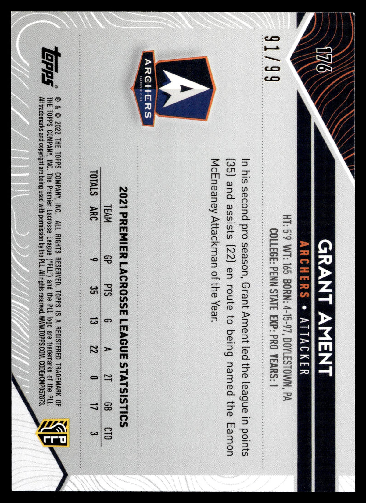 Grant Ament 2022 Topps PLL Archers Blue 91/99 #176