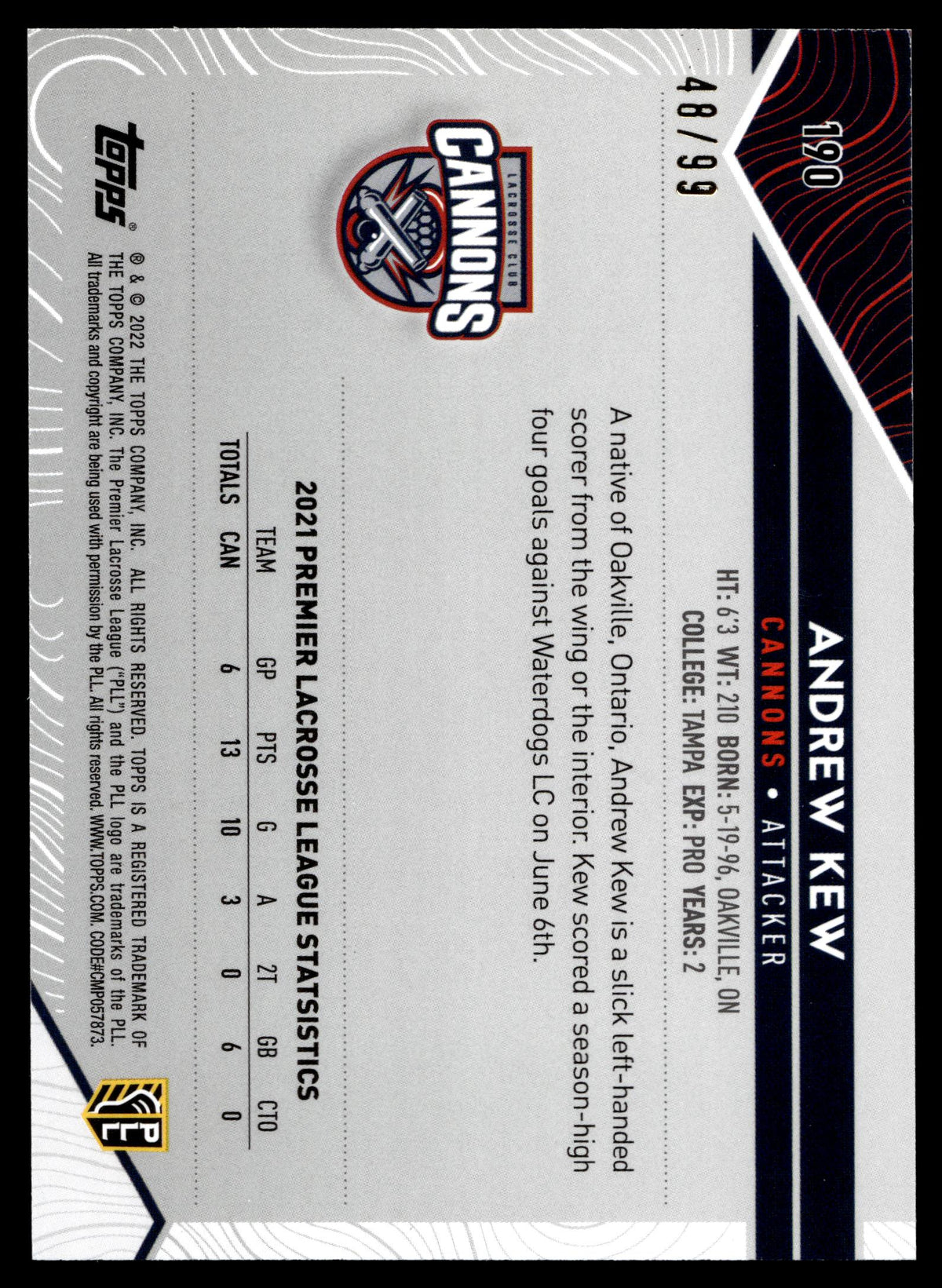 Andrew Kew 2022 Topps PLL Cannons Blue 48/99 #190