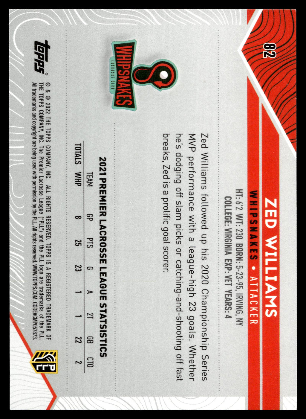 Zed Williams 2022 Topps PLL Whipsnakes Rainbow Foil #82
