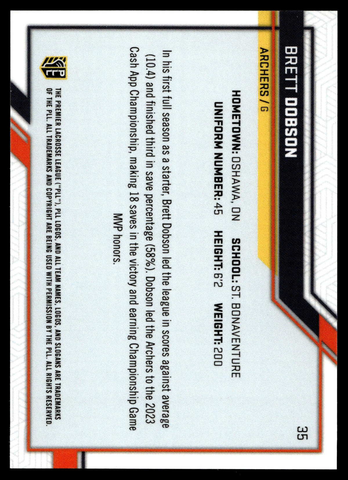Brett Dobson 2023 PLL Snapshot Archers Blue Auto 40/99 #35
