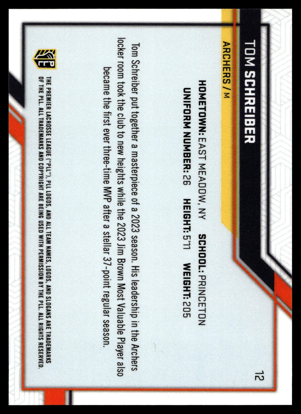 Tom Schreiber 2023 PLL Snapshot Archers Base Auto #12