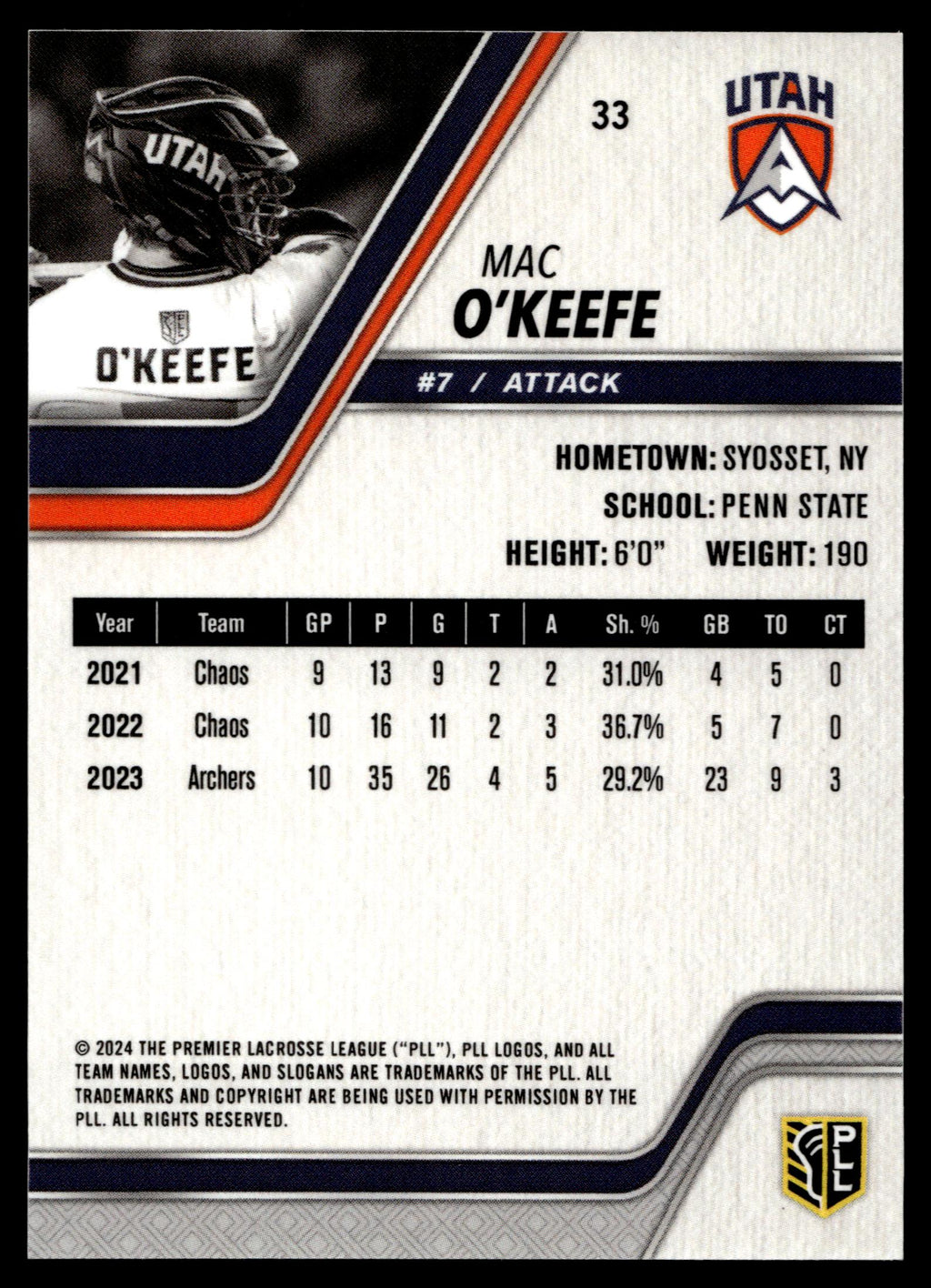 Mac O'Keefe 2024 PLL Release Utah Archers Blue 42/77 #33