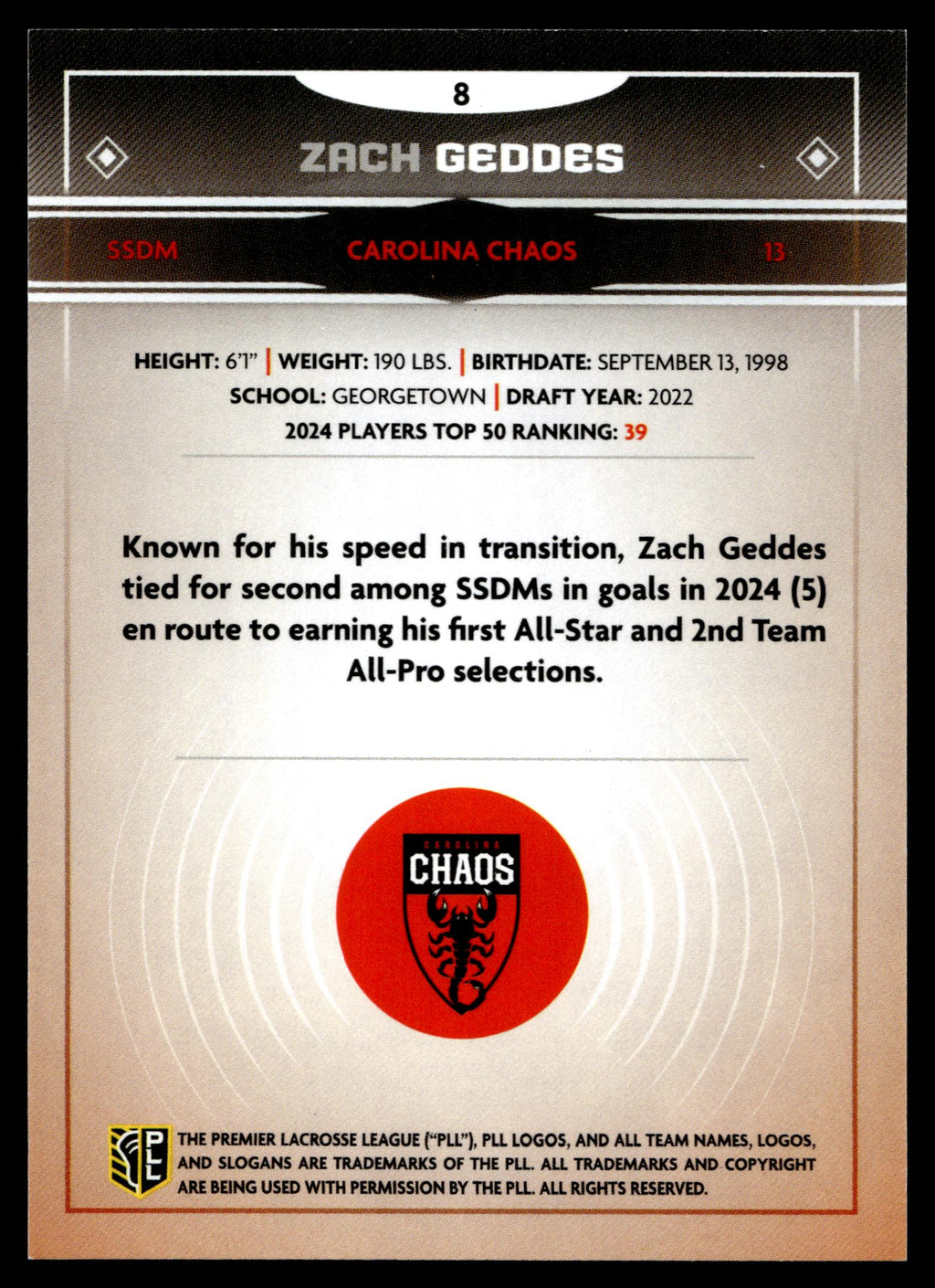 Zach Geddes 2025 PLL Fieldside Carolina Chaos Green Foil 88/99 #8