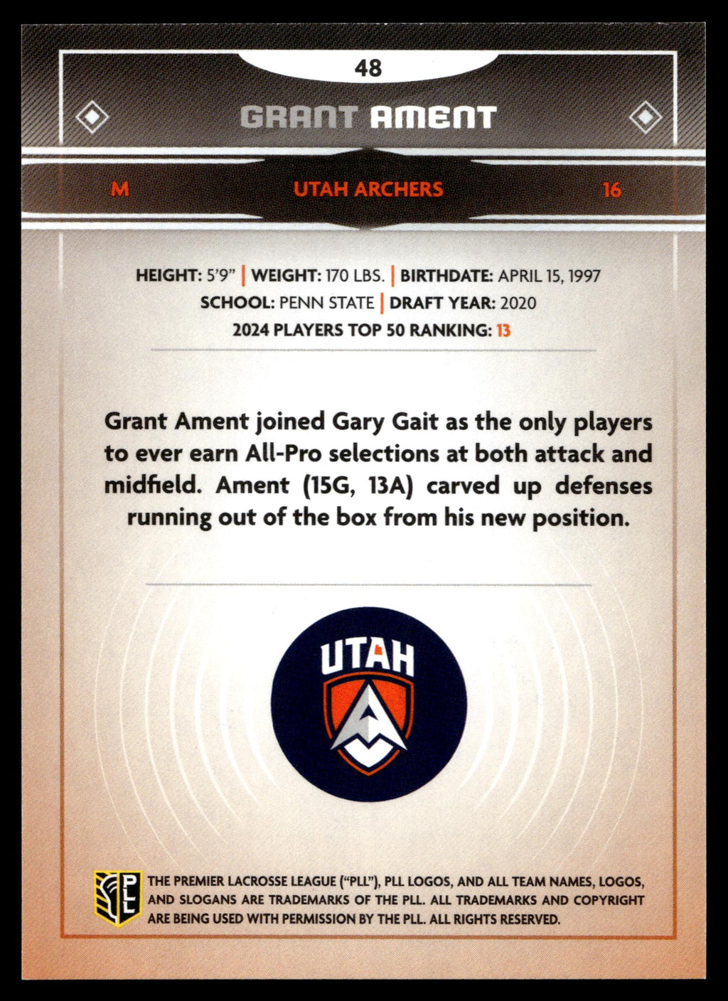 Grant Ament 2025 PLL Fieldside Utah Archers Base Auto #48