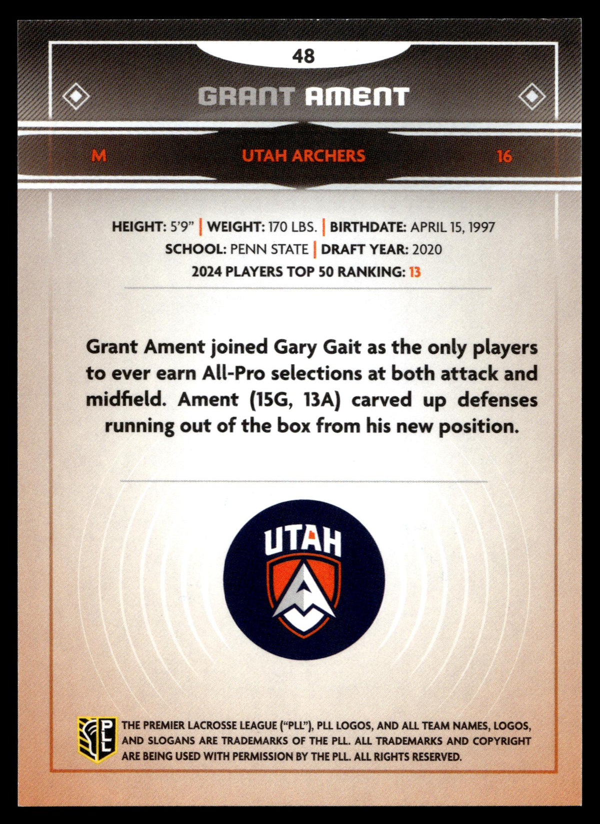 Grant Ament 2025 PLL Fieldside Utah Archers Base Auto #48