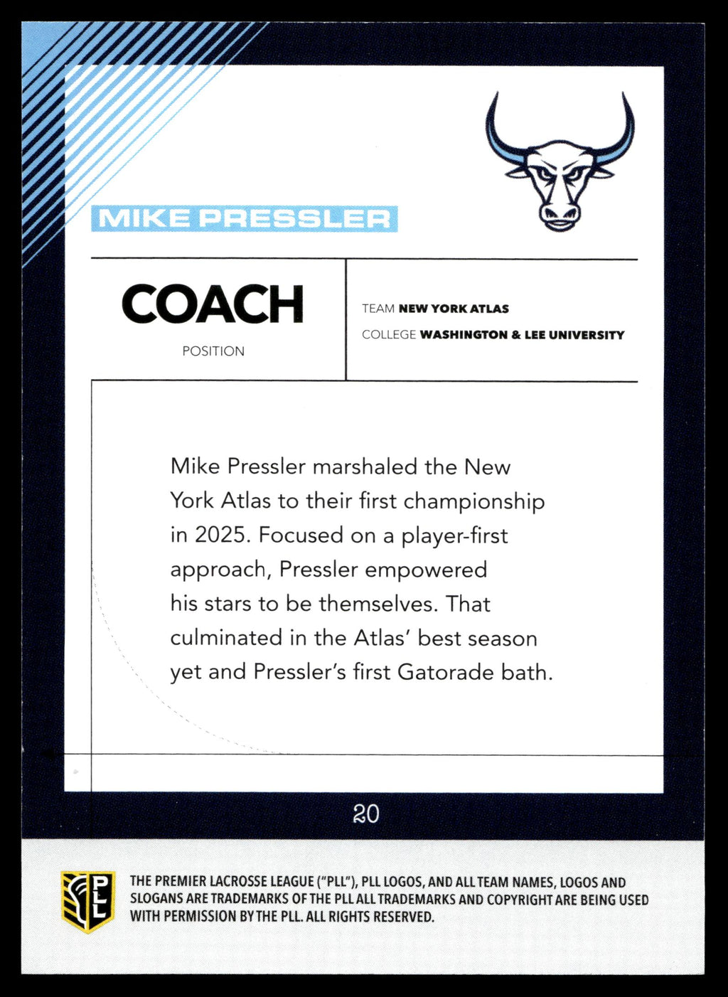 Mike Pressler 2026 PLL Fieldside II New York Atlas Black 09/25 #20