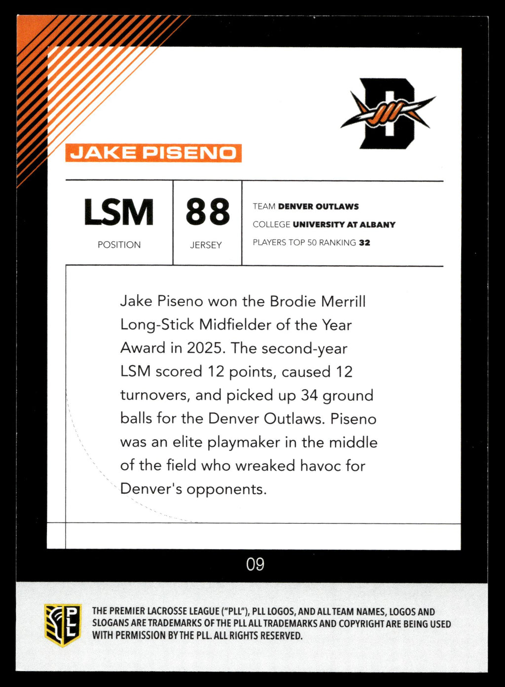 Jake Piseno 2026 PLL Fieldside II Denver Outlaws Orange 32/50 #09