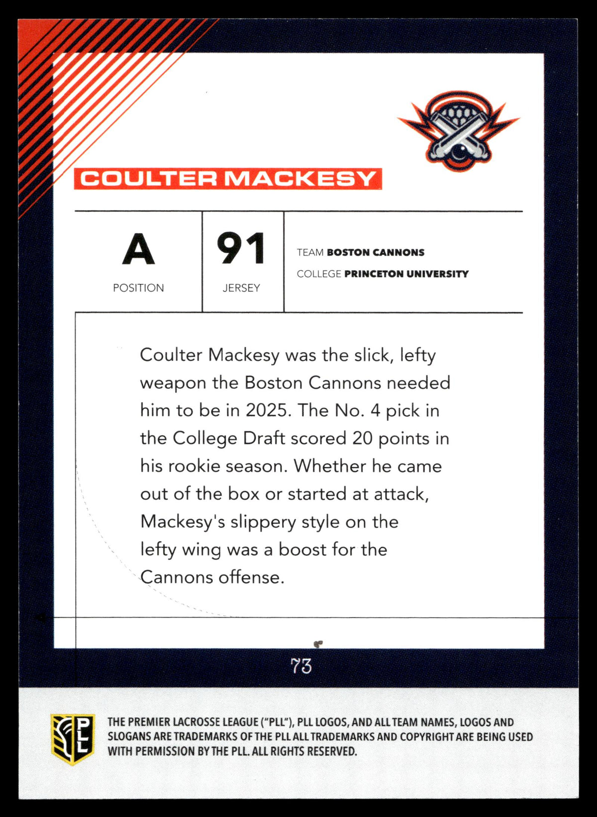 Coulter Mackesy 2026 PLL Fieldside II Boston Cannons Orange 28/50 #73