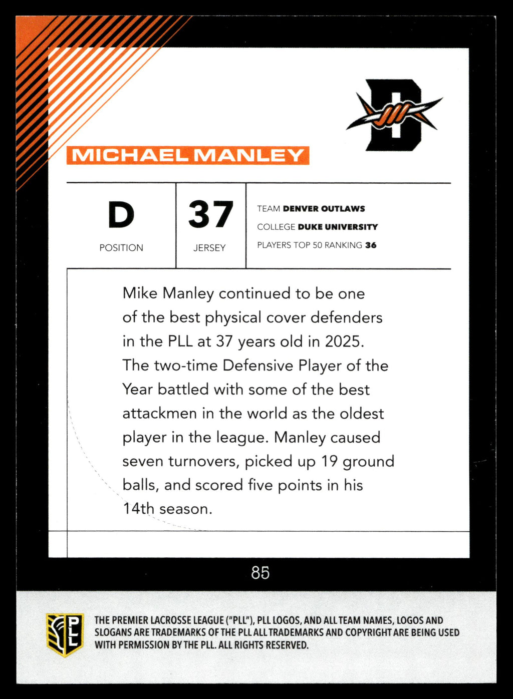 Michael Manley 2026 PLL Fieldside II Denver Outlaws Orange 13/50 #85