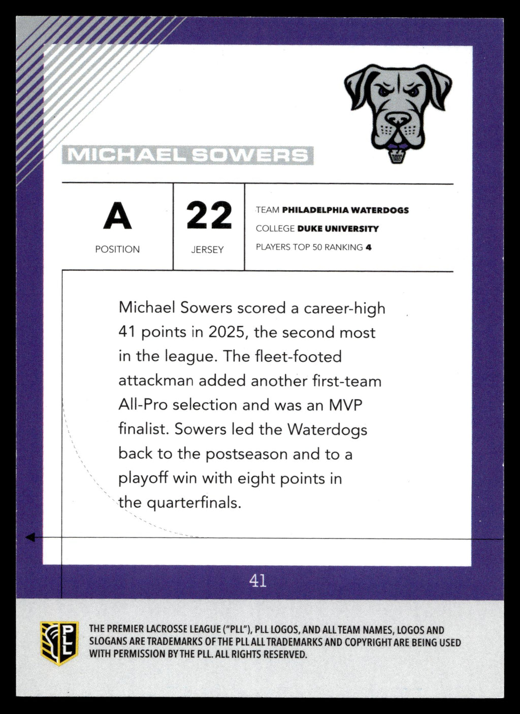 Michael Sowers 2026 PLL Fieldside II Philadelphia Waterdogs B & W 18/50 #41