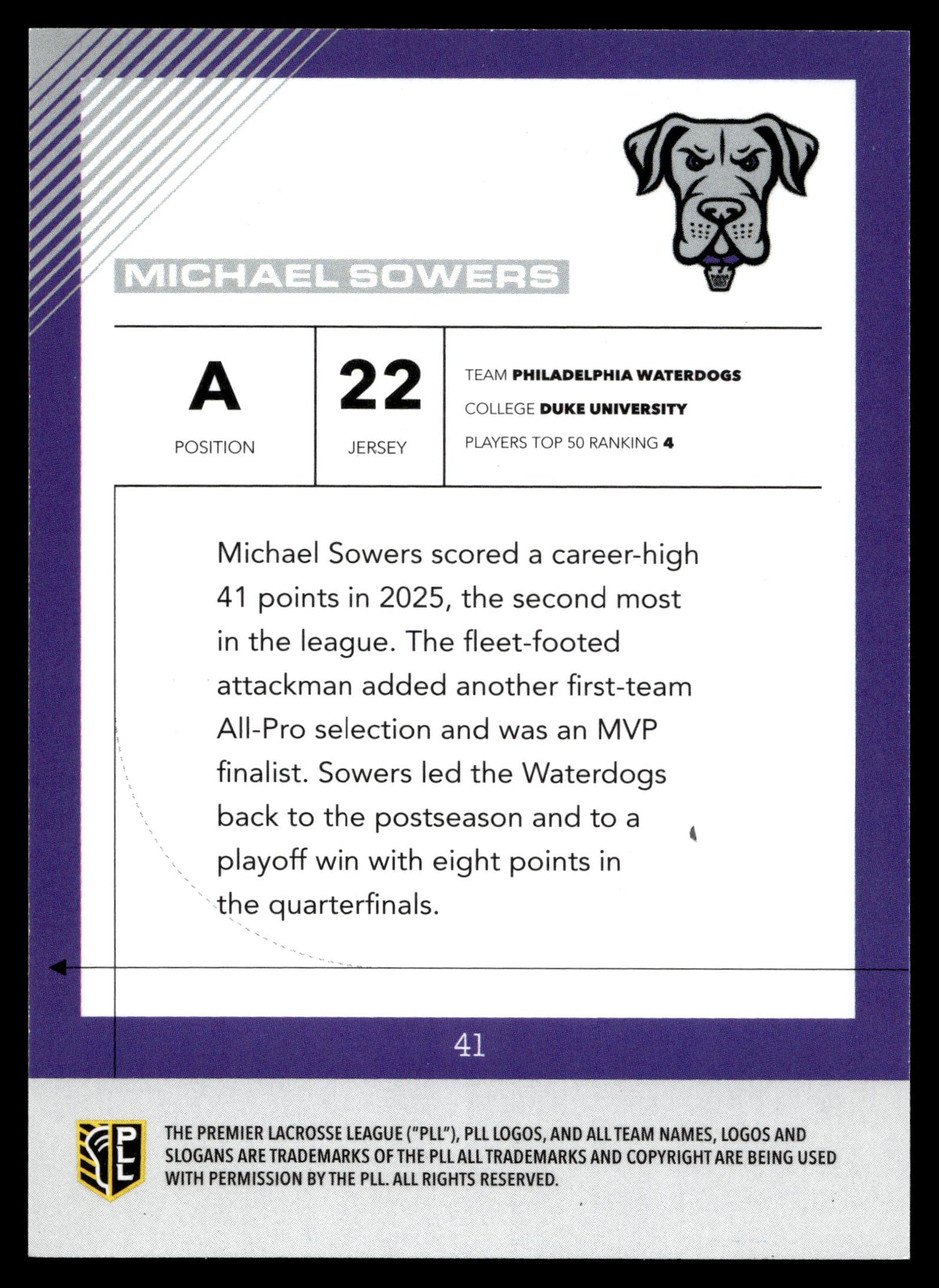 Michael Sowers 2026 PLL Fieldside II Philadelphia Waterdogs B & W 20/50 #41