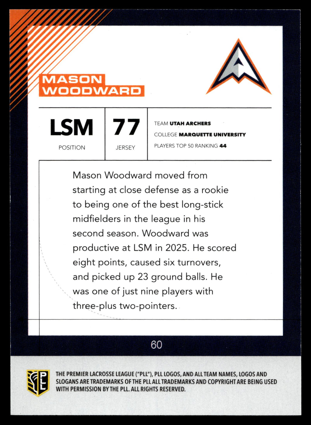 Mason Woodward 2026 PLL Fieldside II Utah Archers B & W 41/50 #60