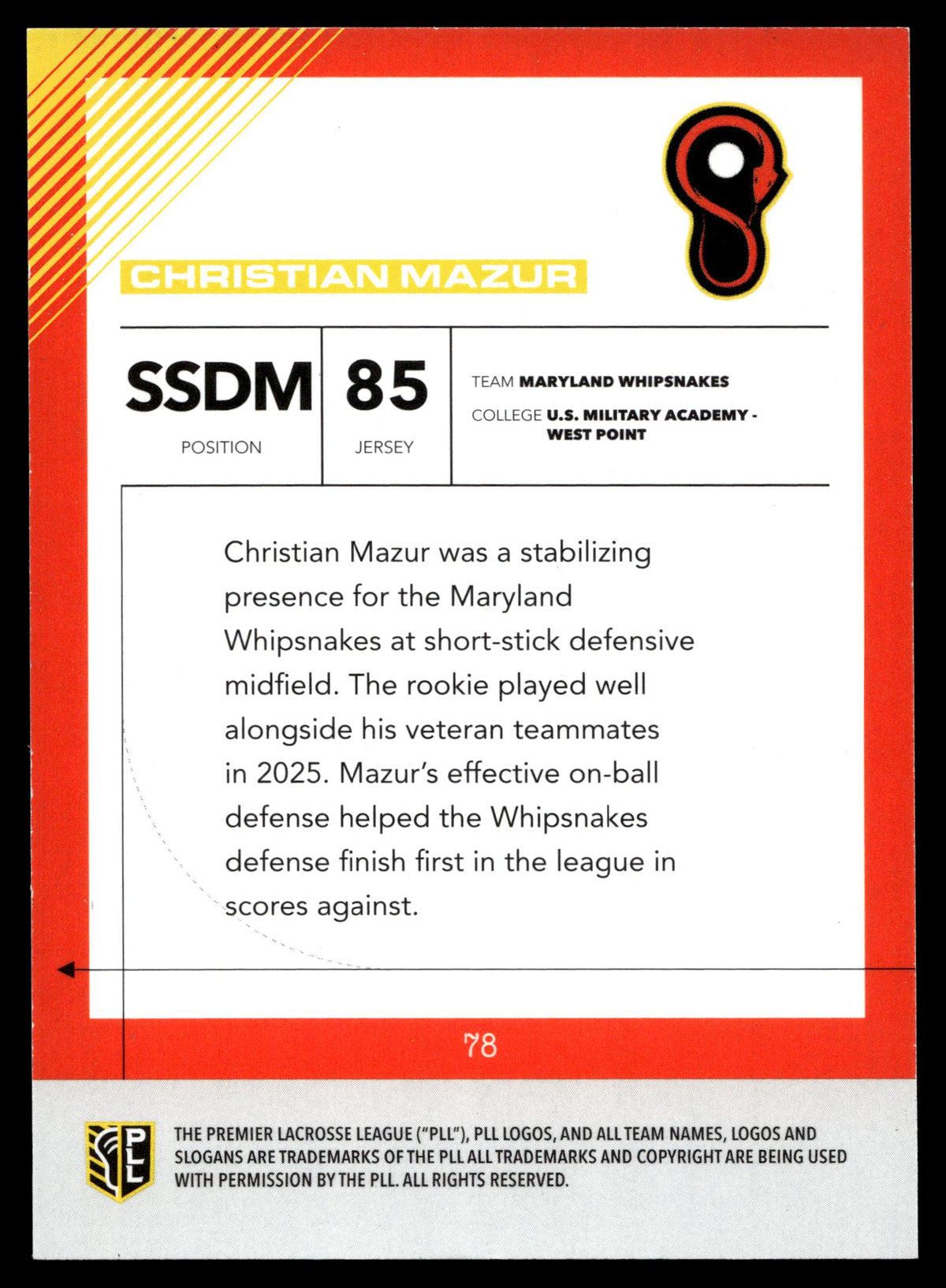 Christian Mazur 2026 PLL Fieldside II Maryland Whipsnakes B & W 29/50 #78