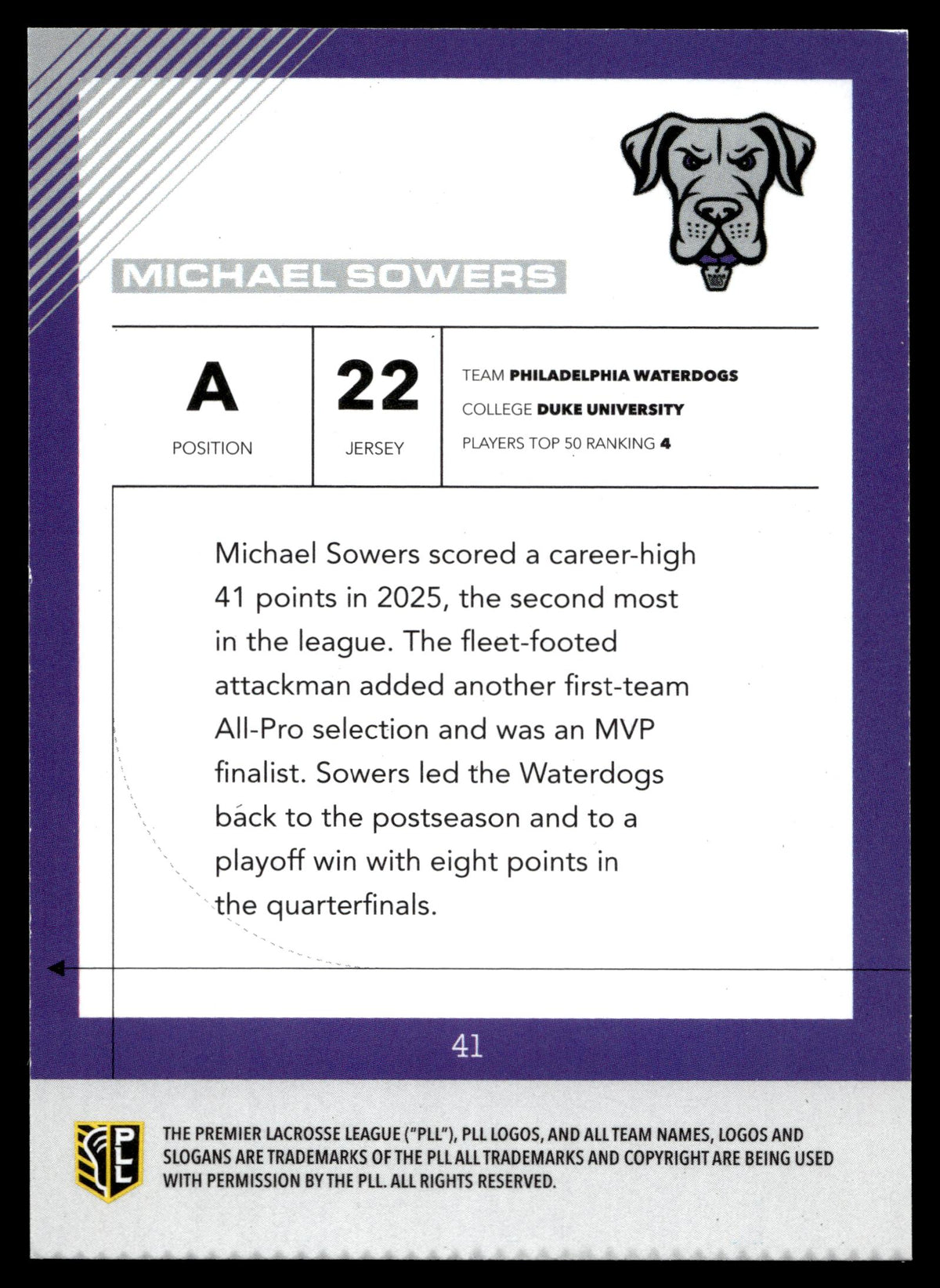 Michael Sowers 2026 PLL Fieldside II Philadelphia Waterdogs B & W 47/50 #41