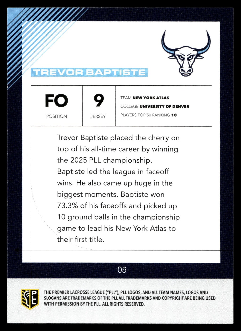 Trevor Baptiste 2026 PLL Fieldside II New York Atlas Blue 51/99 #05