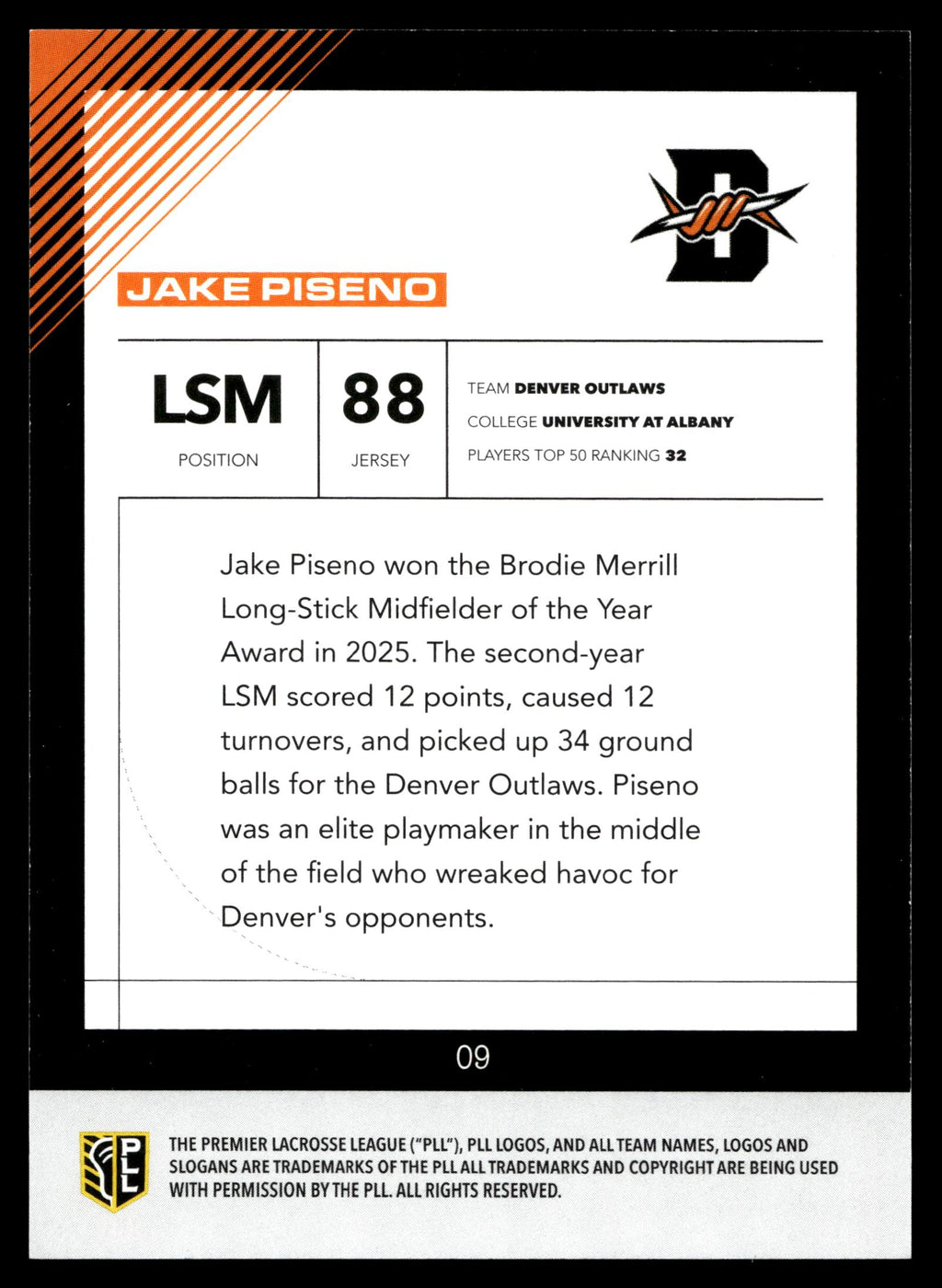 Jake Piseno 2026 PLL Fieldside II Denver Outlaws Blue 57/99 #09